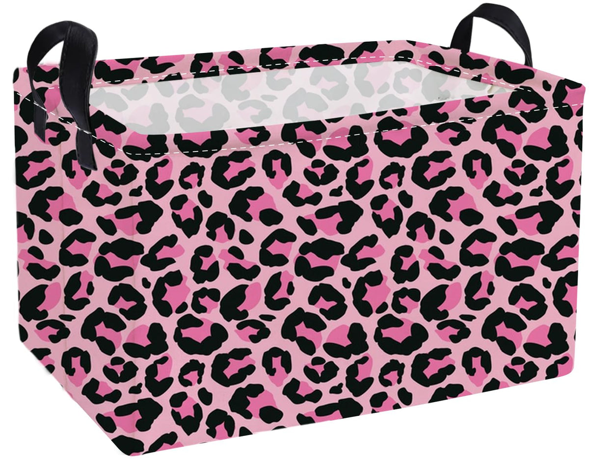 Essme Rectangular Kids Baskets,Pink Storage Basket with Handles for Girls Room Decor, Leopard Print Box,Cute Storage Bin(Pink le