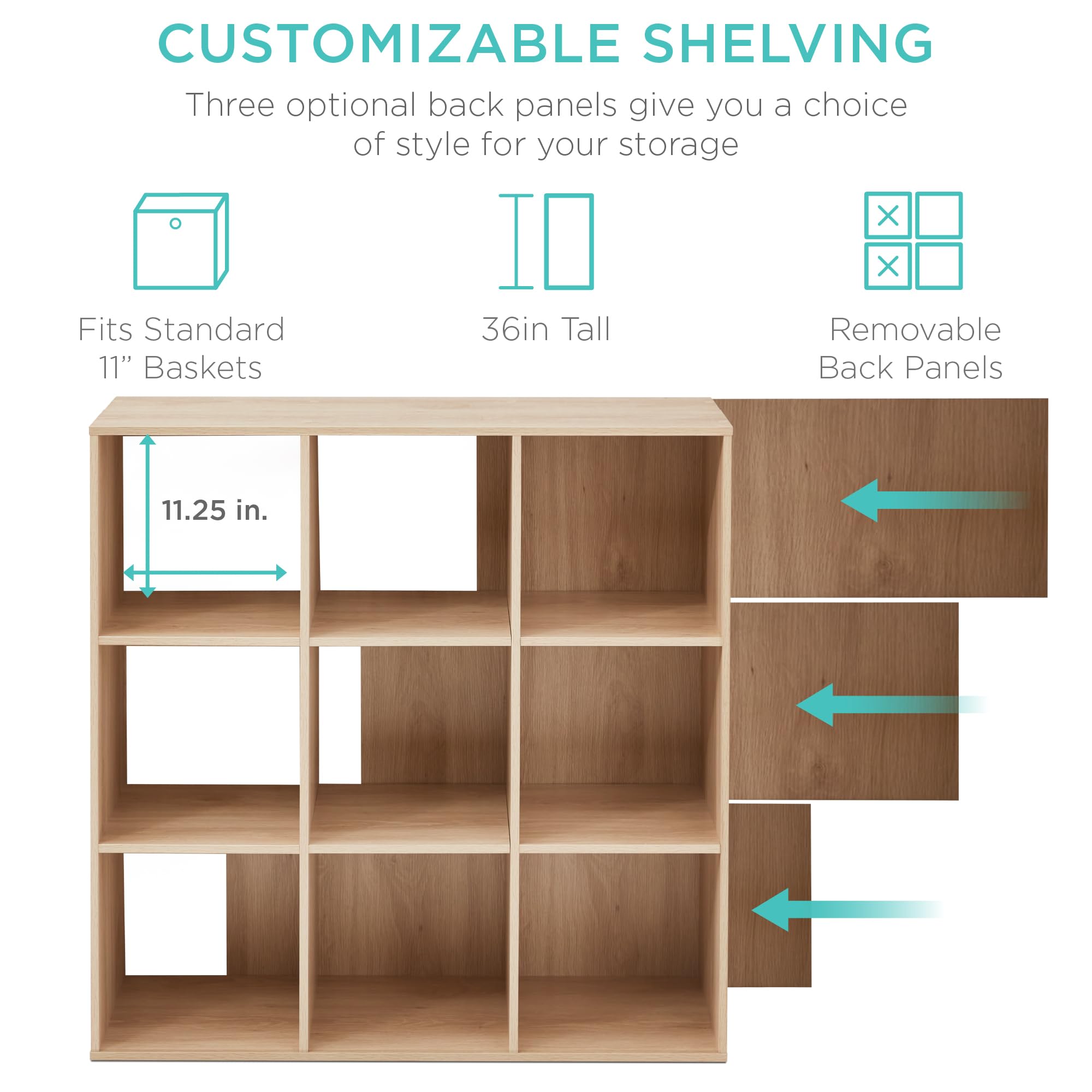 Best Choice Products 9-Cube Storage Organizer, 11In Shelf Opening, Bookcase, Display Shelf, Customizable W/ 3 Removable Back Panels - Light Oak