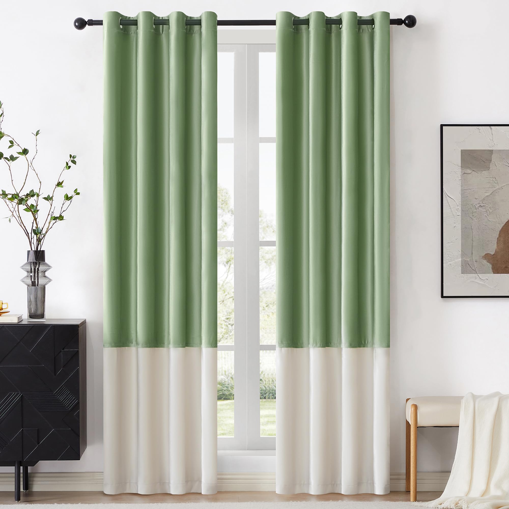 Bulbul Color Block Window Curtains Panels 72 Inches Long Sage Green Ivory Velvet Farmhouse Drapes For Bedroom Living Room Darken