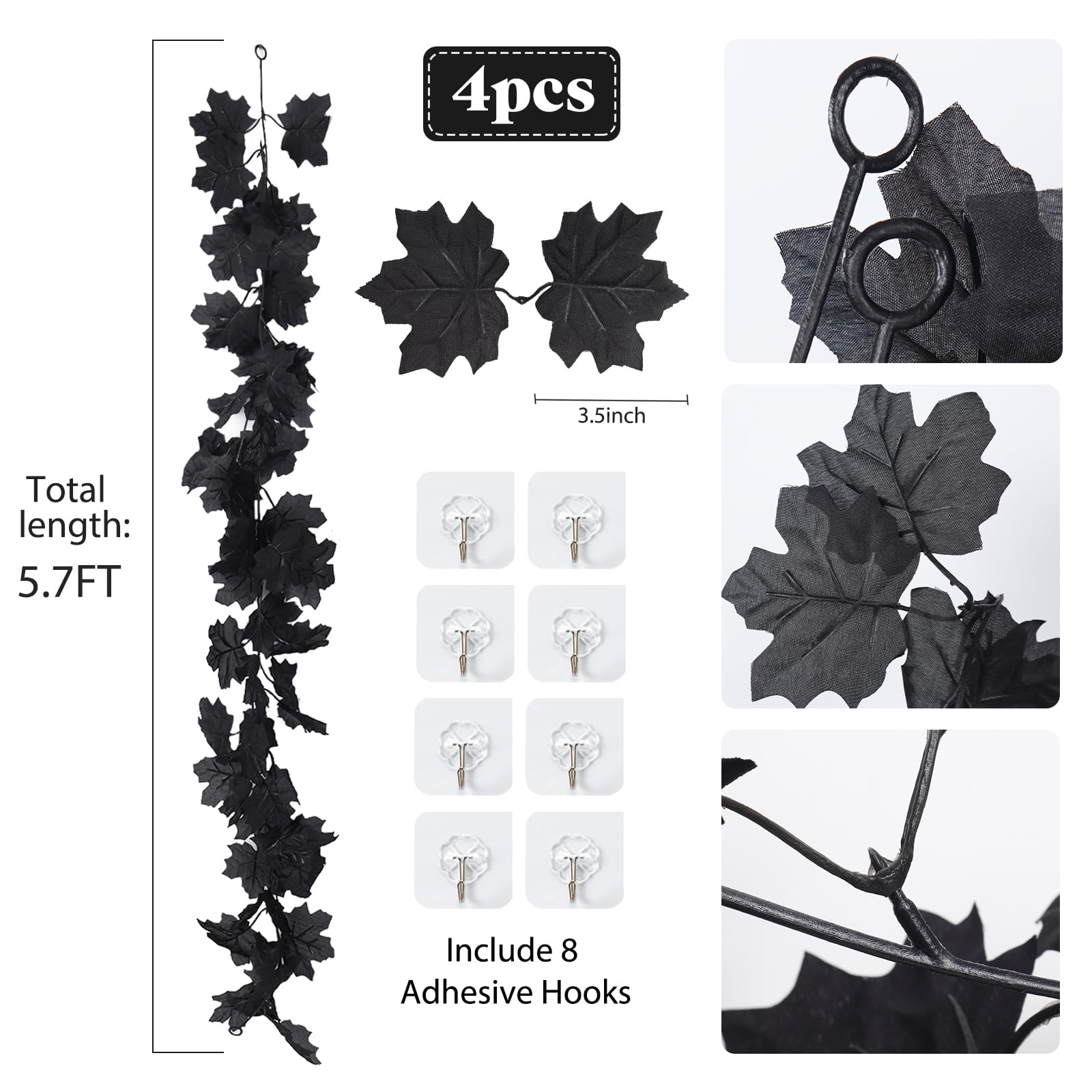 4Pcs Black Leaf Garland Halloween Artificial Hanging Fall Leave Maple Vines Fall Floral Garlands Autumn Garland Thanksgiving Dec