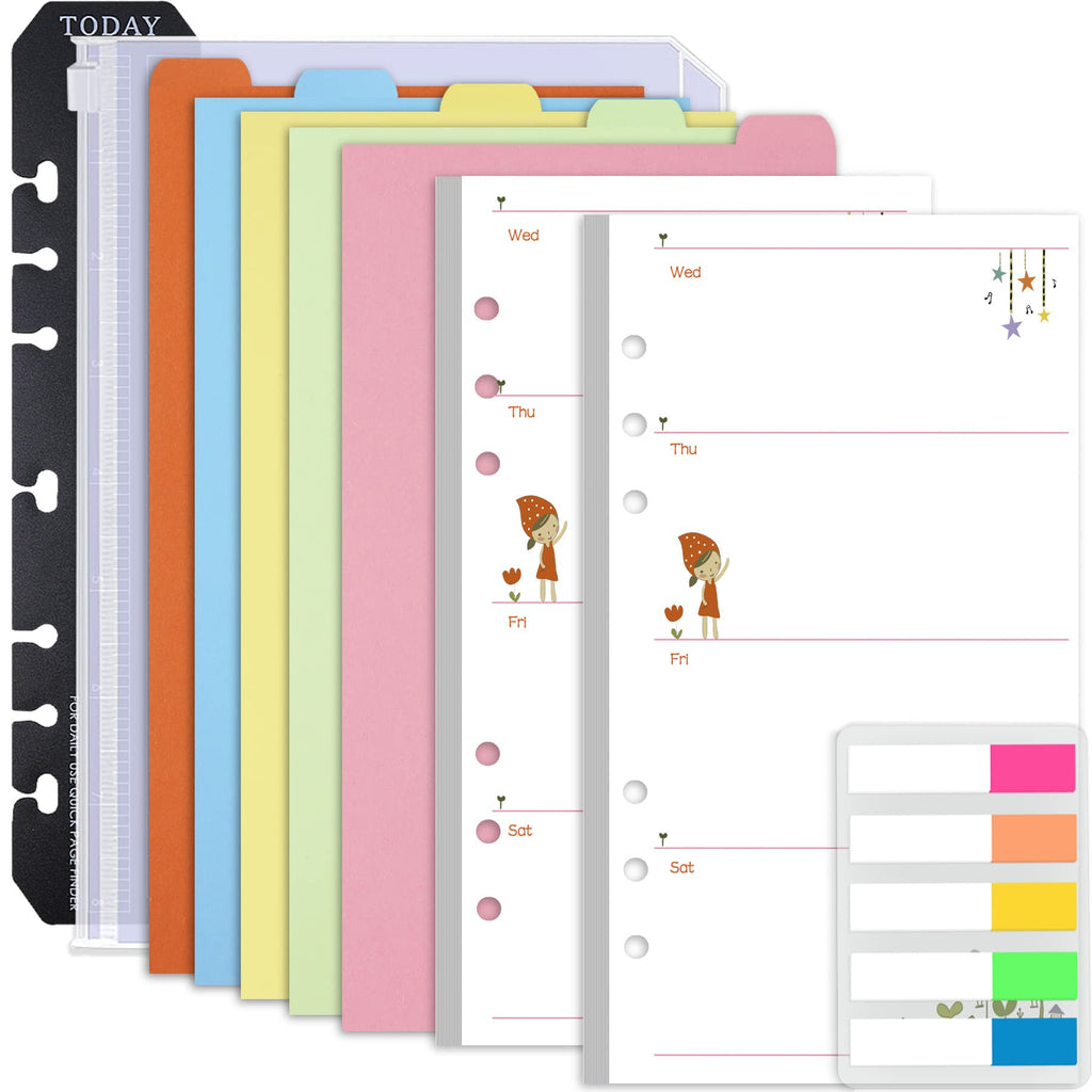 Rancco A6 Planner Inserts Weekly Planner Refills, 90 Pages Colorful 6-Ring Loose-Leaf Paper Binder Inserts W/Divider, Pvc Pouch,