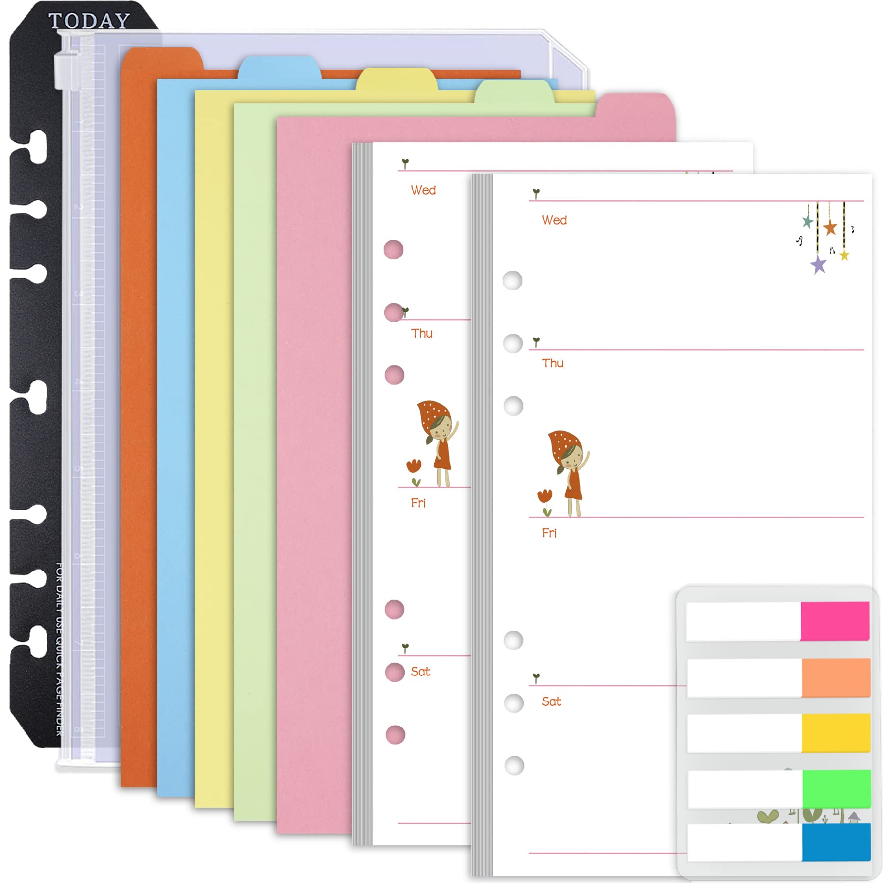 Rancco A6 Planner Inserts Weekly Planner Refills, 90 Pages Colorful 6-Ring Loose-Leaf Paper Binder Inserts W/Divider, Pvc Pouch,
