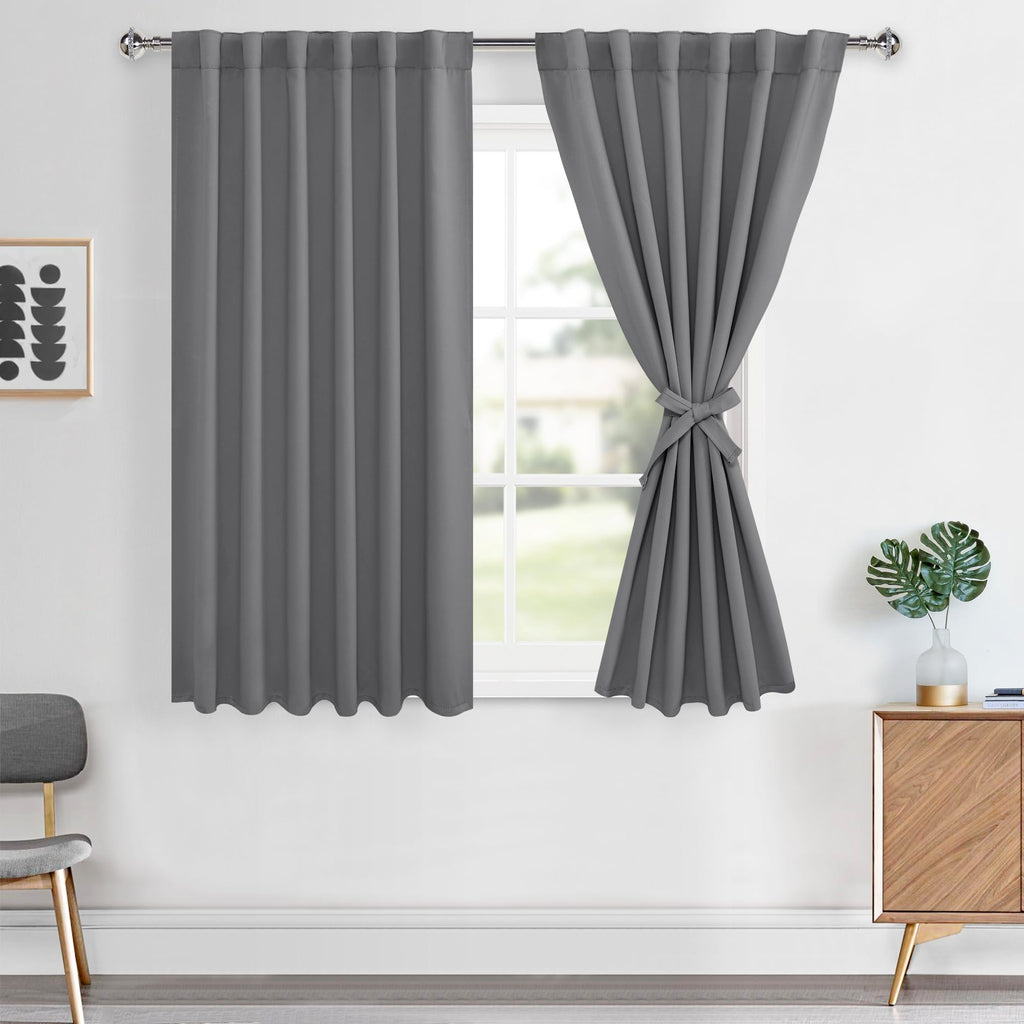 Hiasan Short Grey Curtains 45 inch Long, Light Blocking Thermal Insulated Rod Pocket & Back Tab Blackout Drapes Sewn with Tiebac