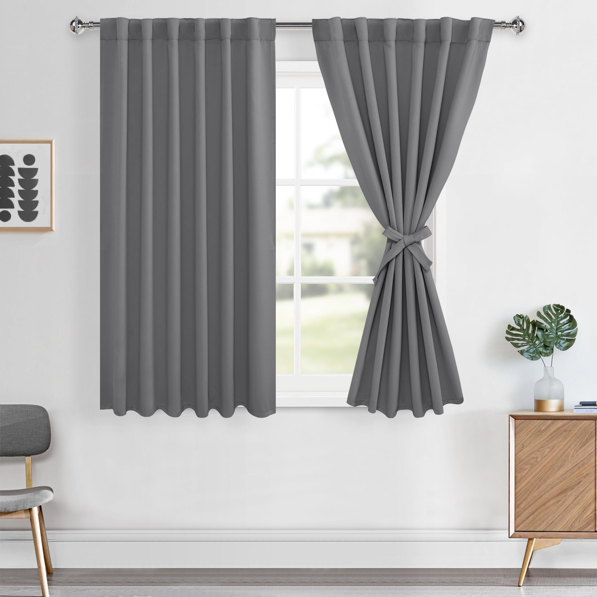 Hiasan Short Grey Curtains 45 inch Long, Light Blocking Thermal Insulated Rod Pocket & Back Tab Blackout Drapes Sewn with Tiebac