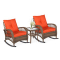 Vivijason 3-Piece Outdoor Conversation Bistro Set, Patio Wicker Rocking Chairs Rattan Furniture Sets W/ 2 Rattan Cushioned Chairs And Glass Top Side Table For Garden Porch Backyard (Orange)