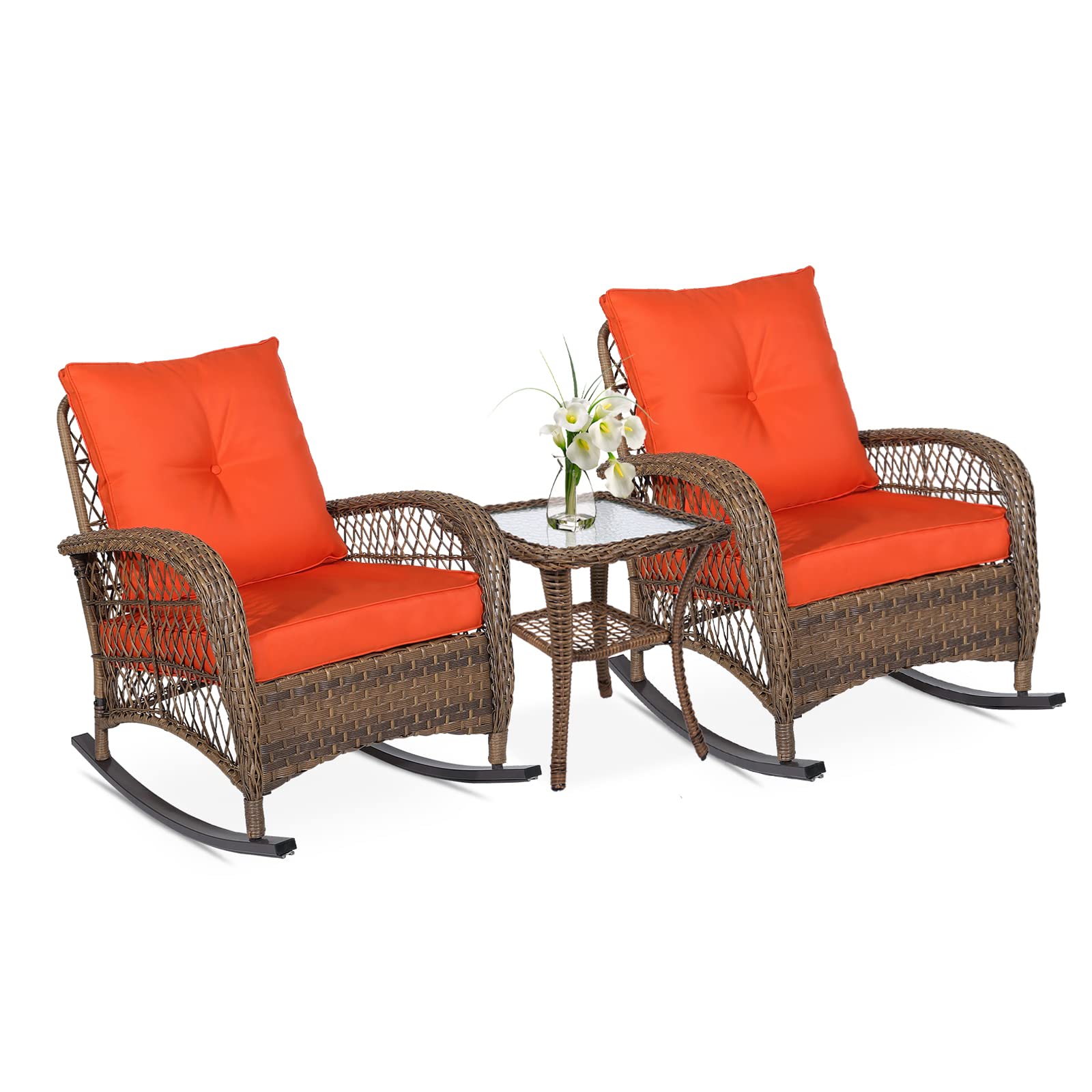 Vivijason 3-Piece Outdoor Conversation Bistro Set, Patio Wicker Rocking Chairs Rattan Furniture Sets W/ 2 Rattan Cushioned Chairs And Glass Top Side Table For Garden Porch Backyard (Orange)