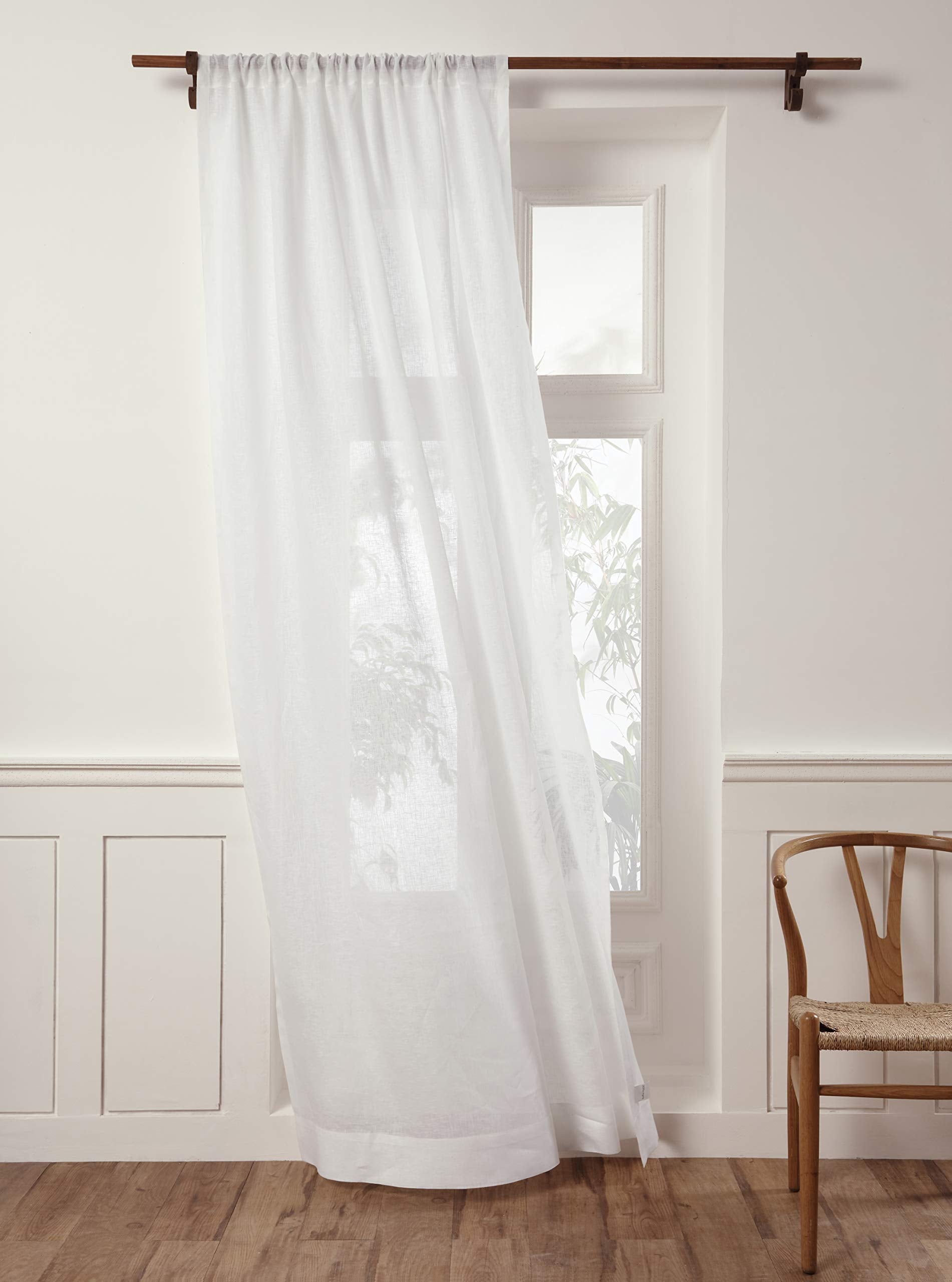 Solino Home Linen Sheer Curtain 144 Inches Long - White 100% Pure Linen European Flax Window Sheer Curtain Panel 52 X 144 Inch -
