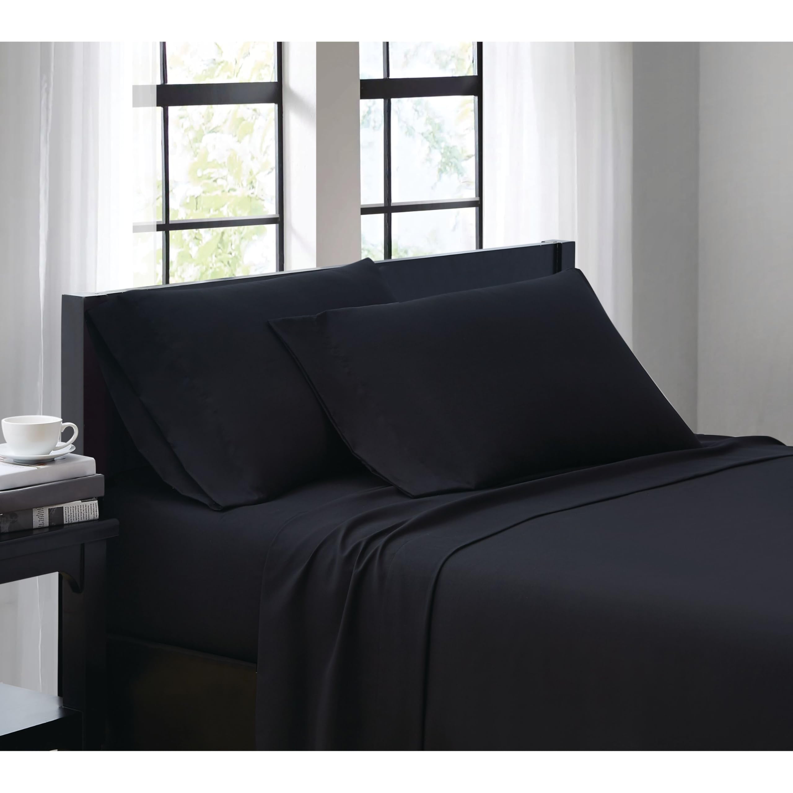 Truly Soft Everyday Sheet Set Black Polyester 4-Piece King Sheet Set, Solid Color Themed, Adult Bedding, Oeko-Tex Certified
