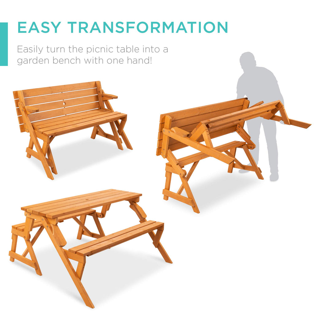 Best Choice Products 2-In-1 Transforming Interchangeable Outdoor Wooden Picnic Table Garden Bench For Backyard, Porch, Patio, Deck W/Umbrella Hole - Natural