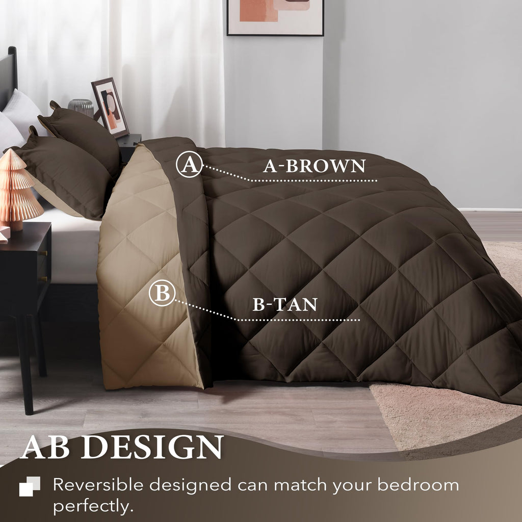 Downluxe Full Size Comforter Set - Brown And Tan Full Comforter - Soft Bedding Sets For All Seasons -3- Piece Comforter Set Full With 2 Reversible Pillow Shams