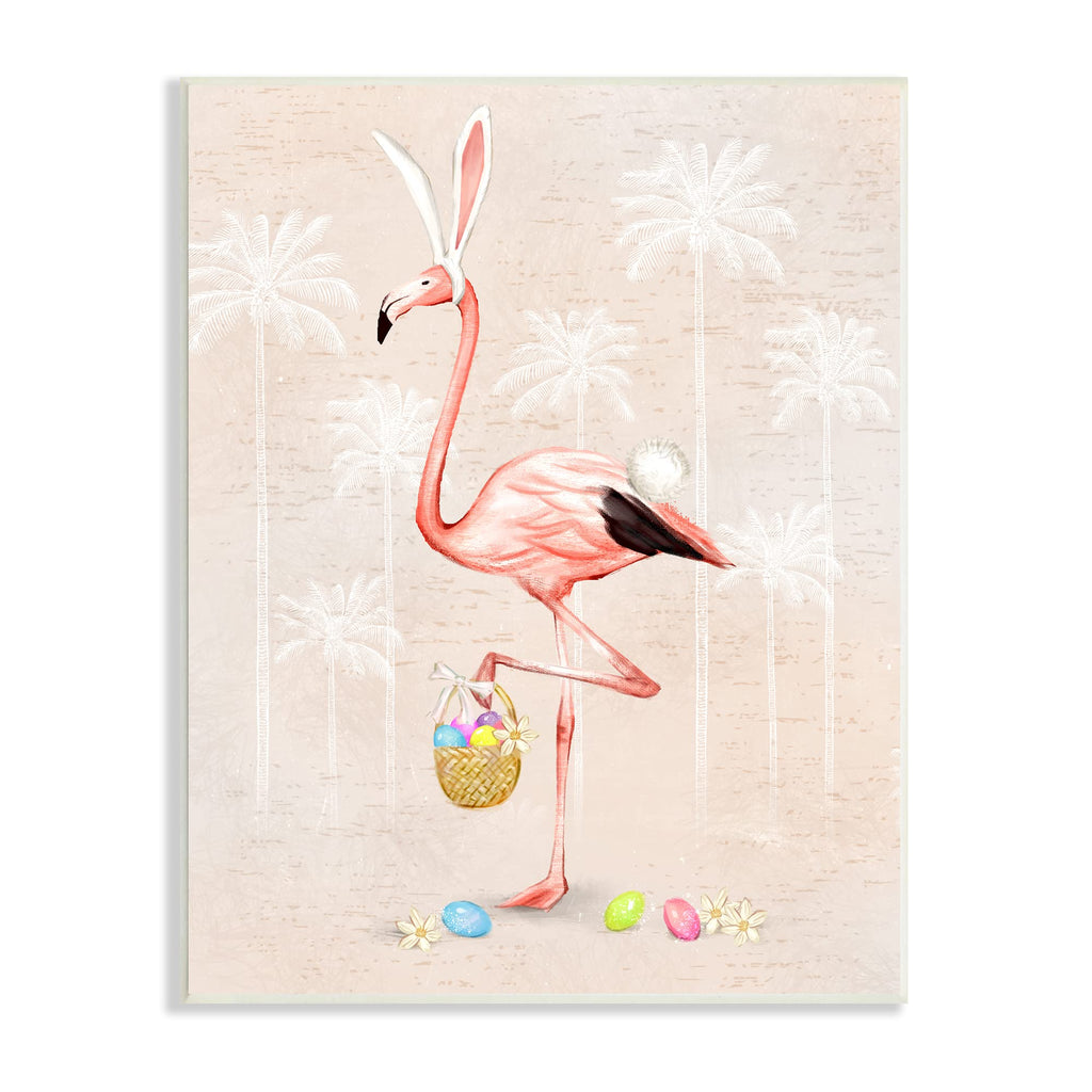 Stupell Industries Easter Flamingo Pink Bird Egg Hunt Basket Wall Plaque, 13 x 19, Beige