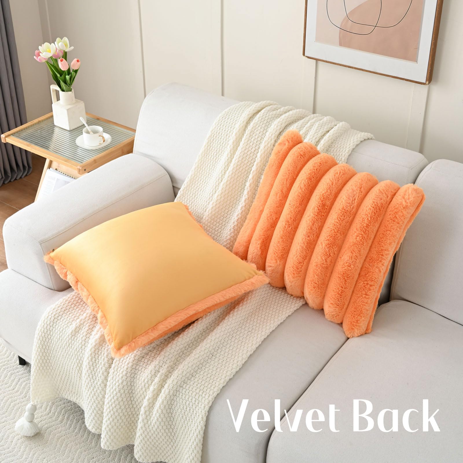 Futei Orange Decorative Throw Pillow Covers 18X18 Inch Set Of 2, Square Soft Faux Rabbit Fur Big Striped Cushion Cover,Home Deco