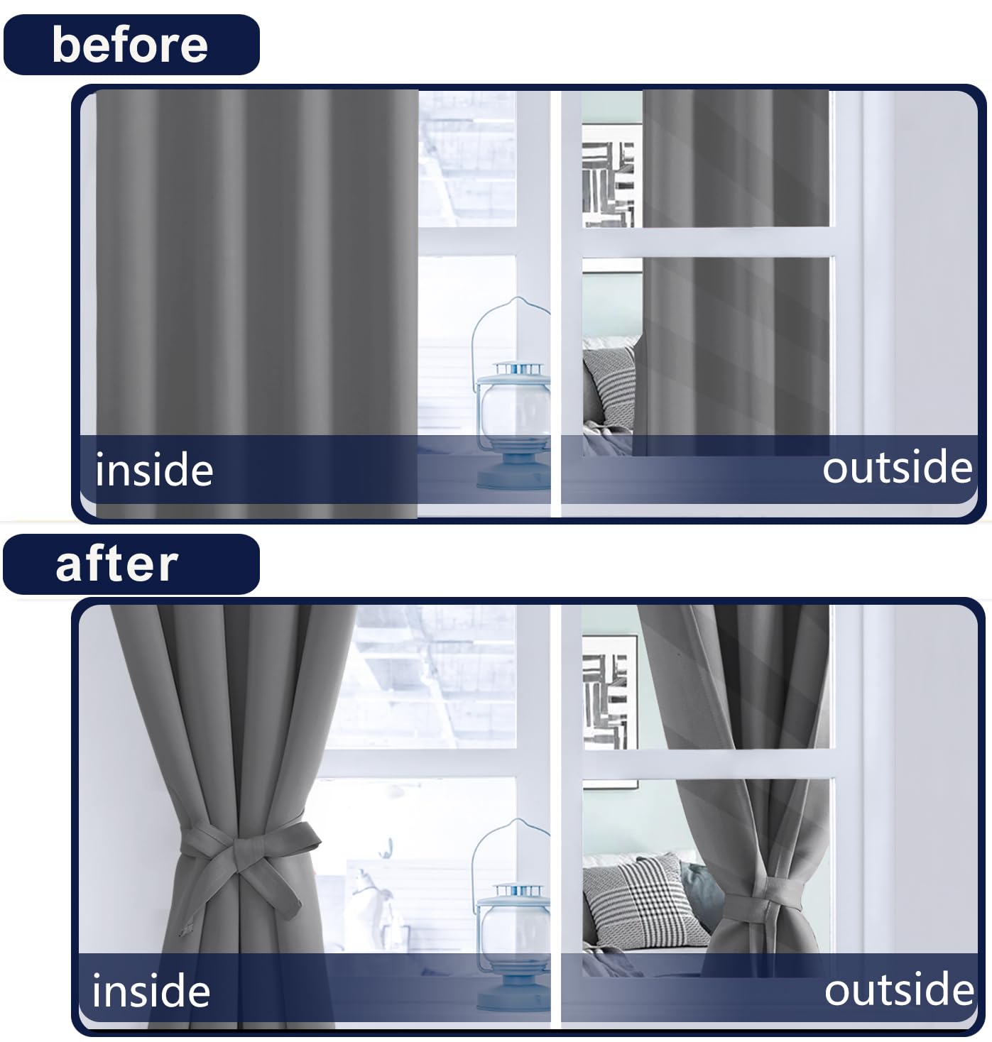 Hiasan Grey Blackout Curtains 54 Inch Long, Light Blocking Thermal Insulated Rod Pocket & Back Tab Gray Drapes Sewn With Tieback
