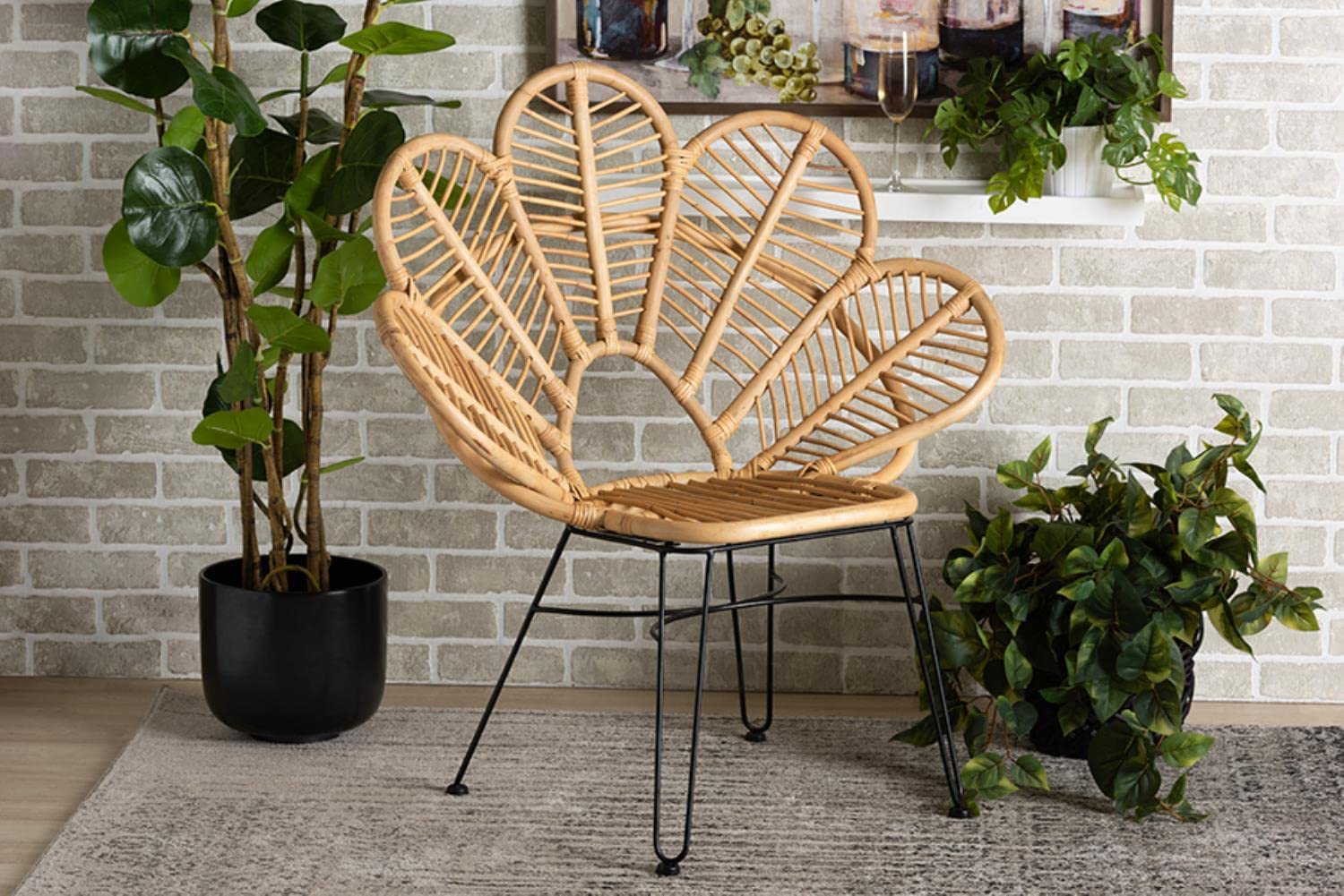 Baxton Studio Garan Modern Bohemian Natural Brown Rattan and Black Metal Accent Chair