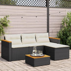 vidaXL 3-Piece Black Poly Rattan Patio Sofa Set with Acacia Wood Table - Outdoor Lounge Furniture with Cushions - Modular Garden Seating for Backyard, Terrace, Deck