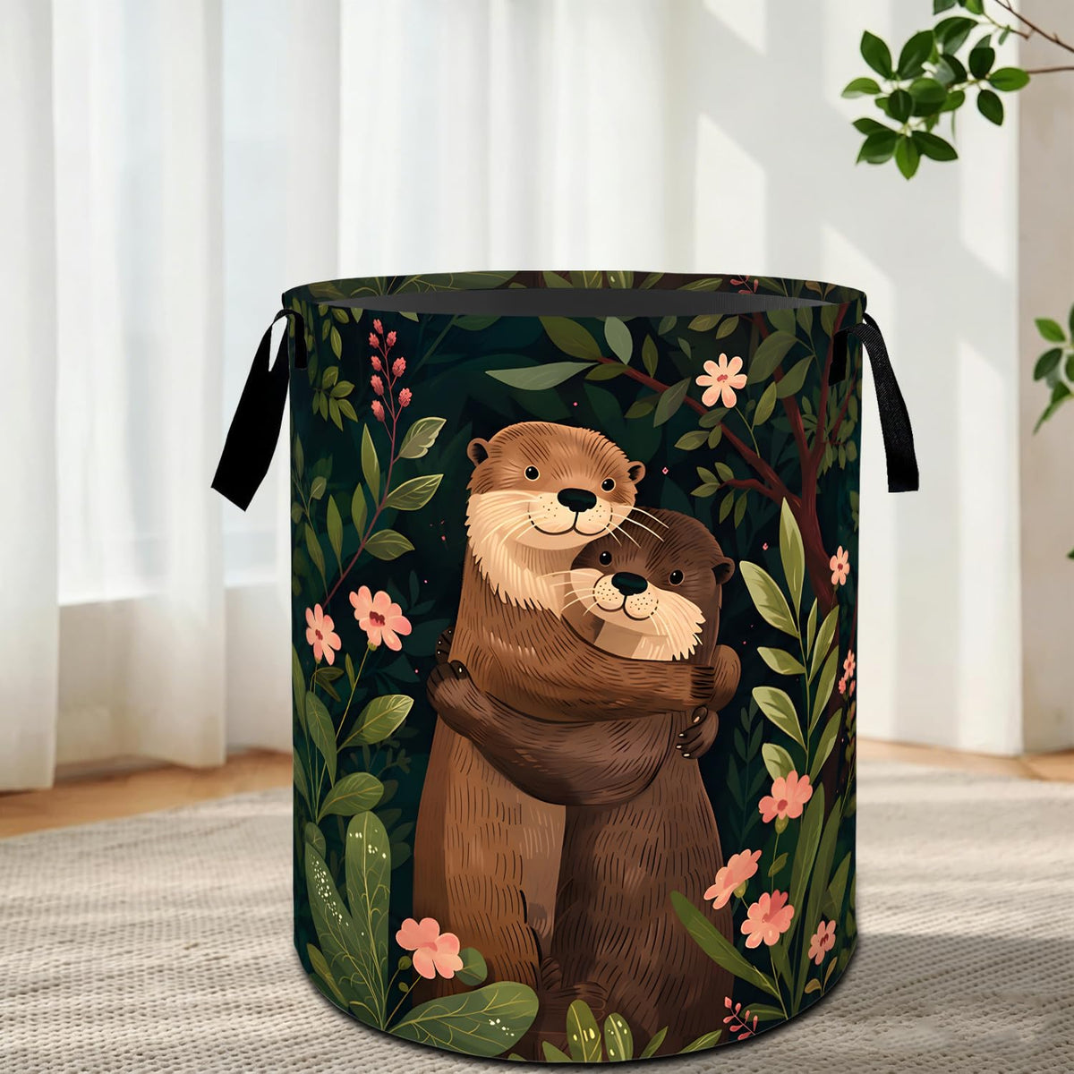 VODRM Cozy Otter Laundry Basket, Forest Blossom Print Decorative Hamper for Home, Portable Waterproof Cloth Bin with Handles, 19