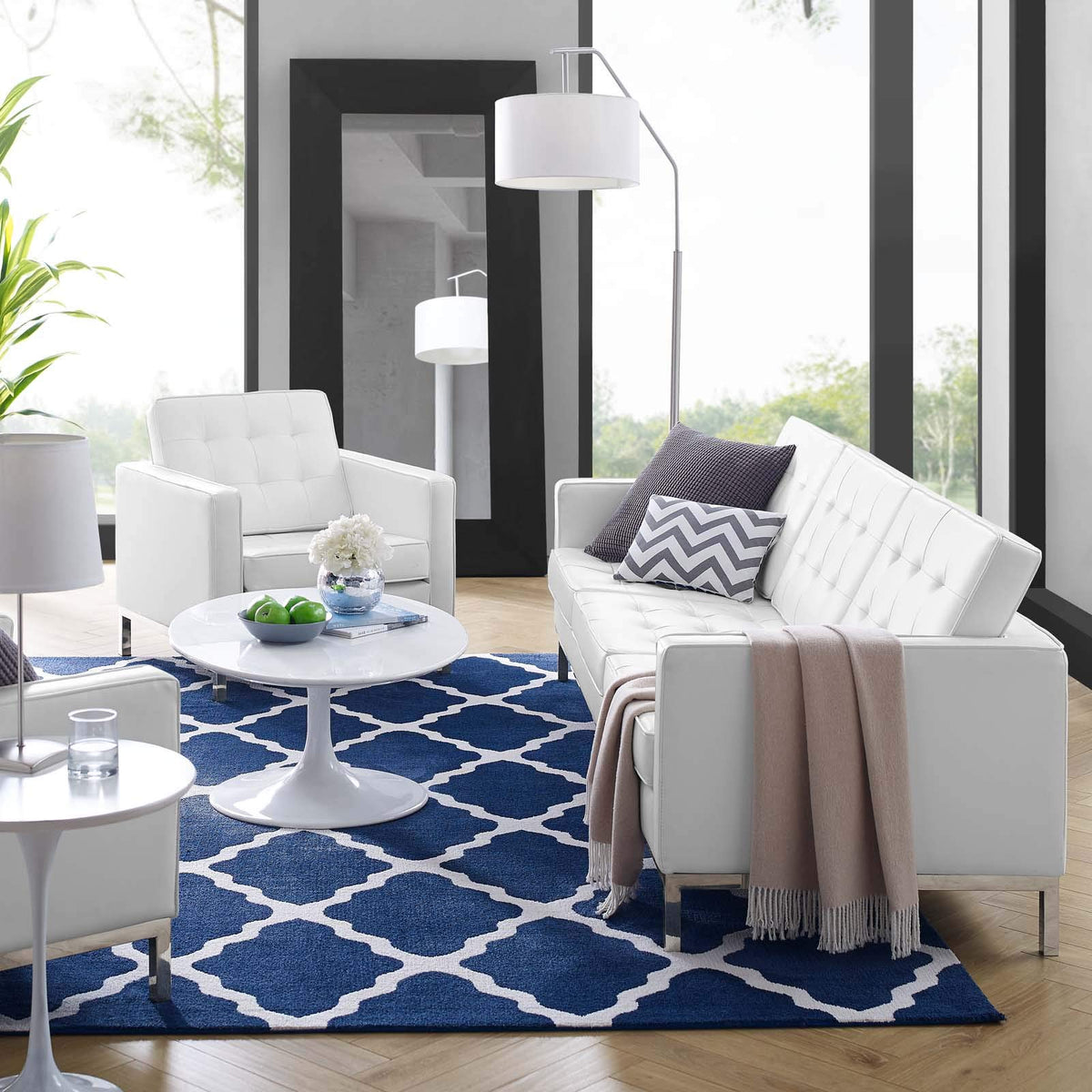 Modway Loft Tufted Upholstered Faux Leather Sofa And Armchair Set, Silver White