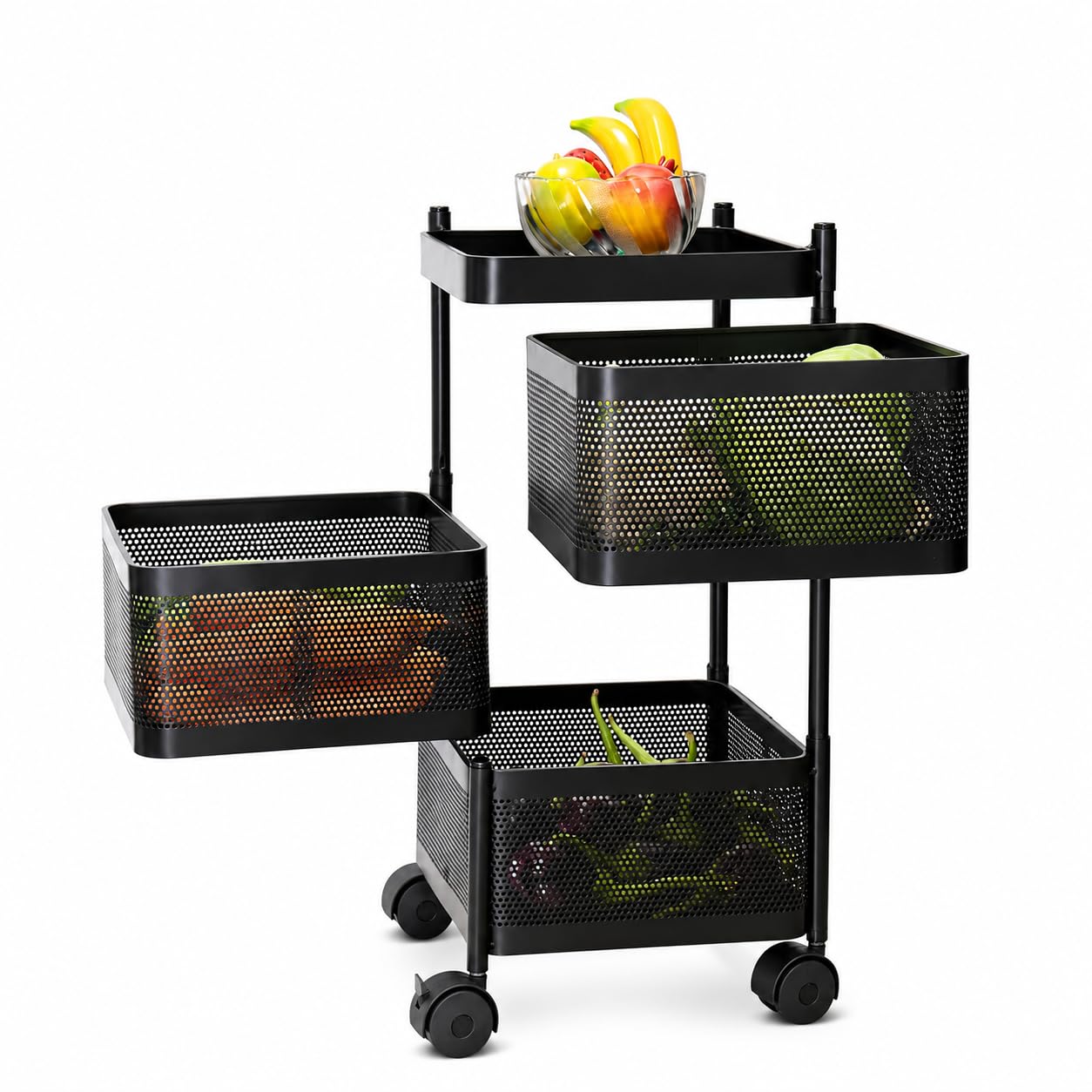 3Tier Rolling Storage Cart With Mesh Baskets, Black Metal