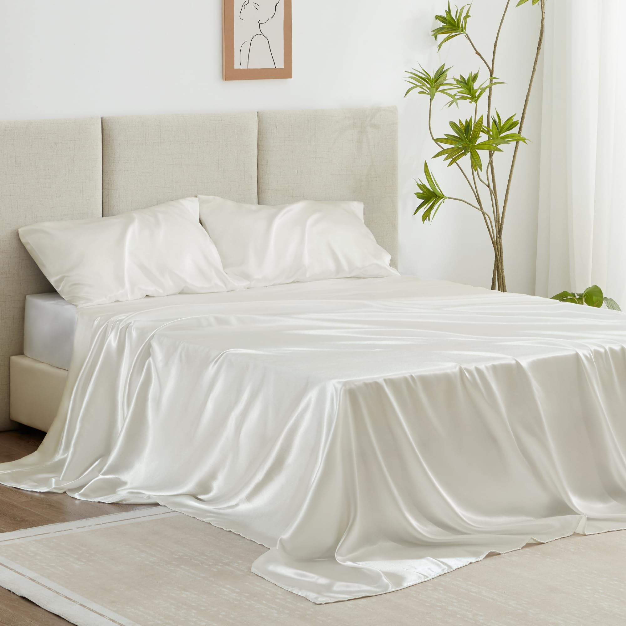 Love'S Cabin Twin Silky Soft Satin Bed Sheet Set - 3 Piece, Ivory, Luxury Fitted & Flat Sheets, Deep Pockets, Envelope Closure,