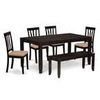 East West Furniture LYAN6-CAP-C Lynfield 6 Piece Set Contains a Rectangle Dining Room Table with Butterfly Leaf and 4 Linen Fabric Upholstered Chairs with a Bench, 36x66 Inch, Cappuccino