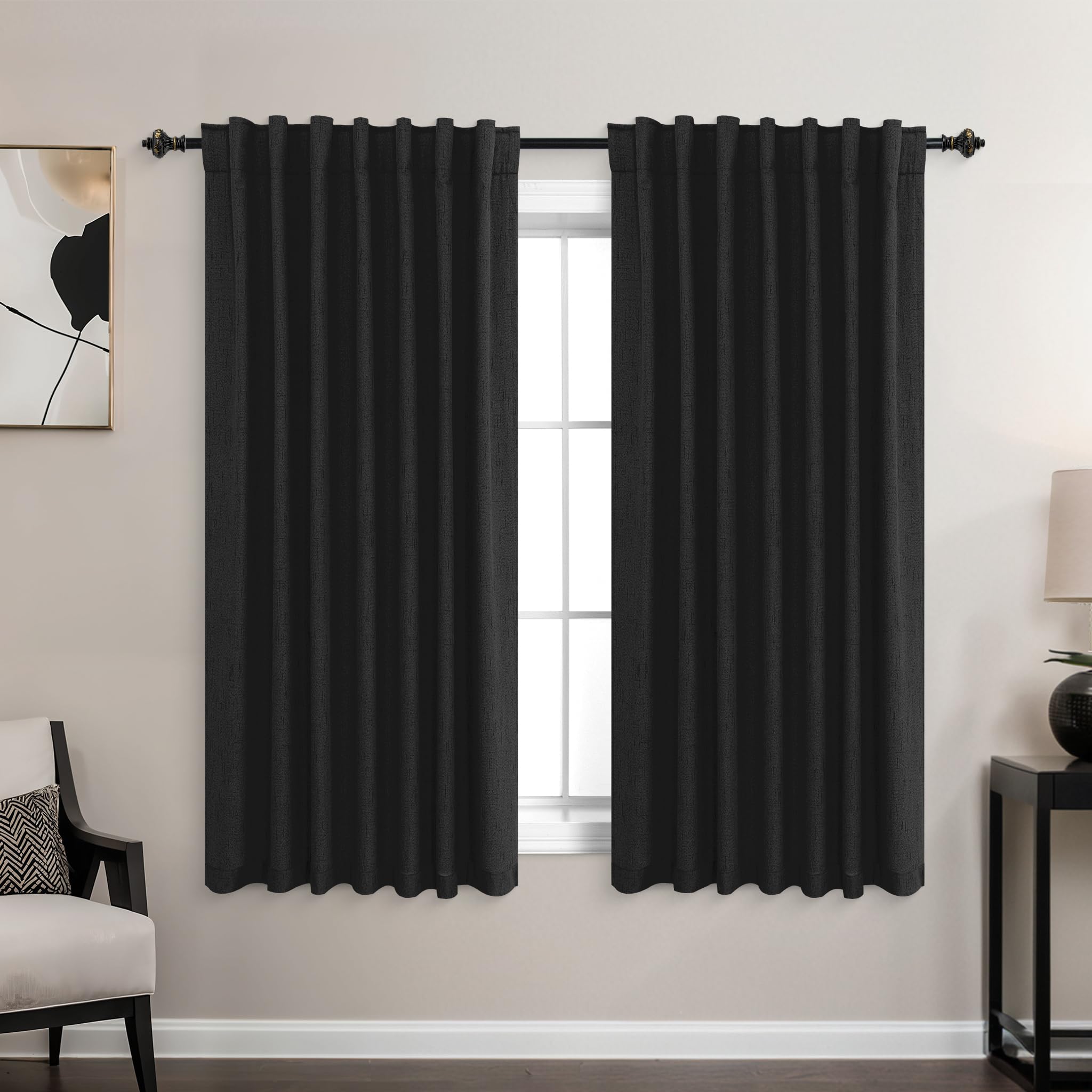 Koufall Back Tab Linen Blackout Curtains For Living Room-Black-52X54