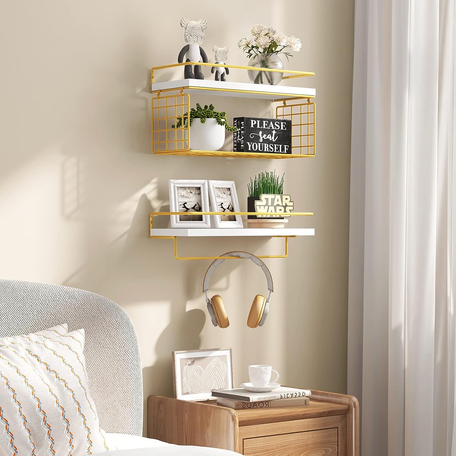 Akeefi 2+1 Tier Wall Mounted Floating Shelves with Wire Storage Basket & Towel Rack, Rustic Wood Bathroom Shelves with Metal Fra