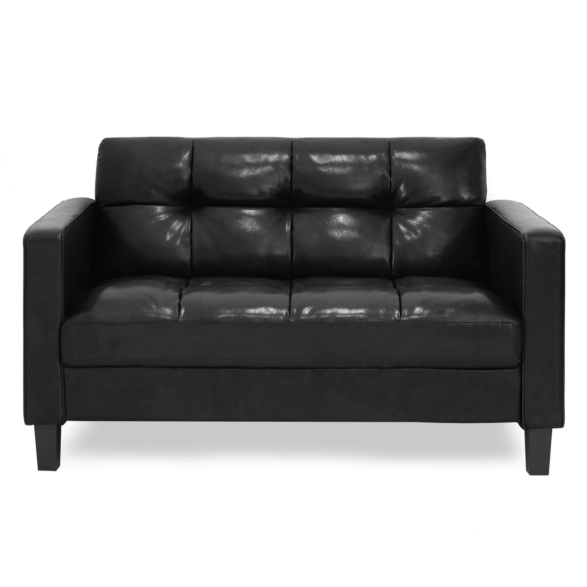 Furinno Brive Contemporary Tufted Faux Leather Loveseat/Sofa Couch For Living Room, Black Faux Leather