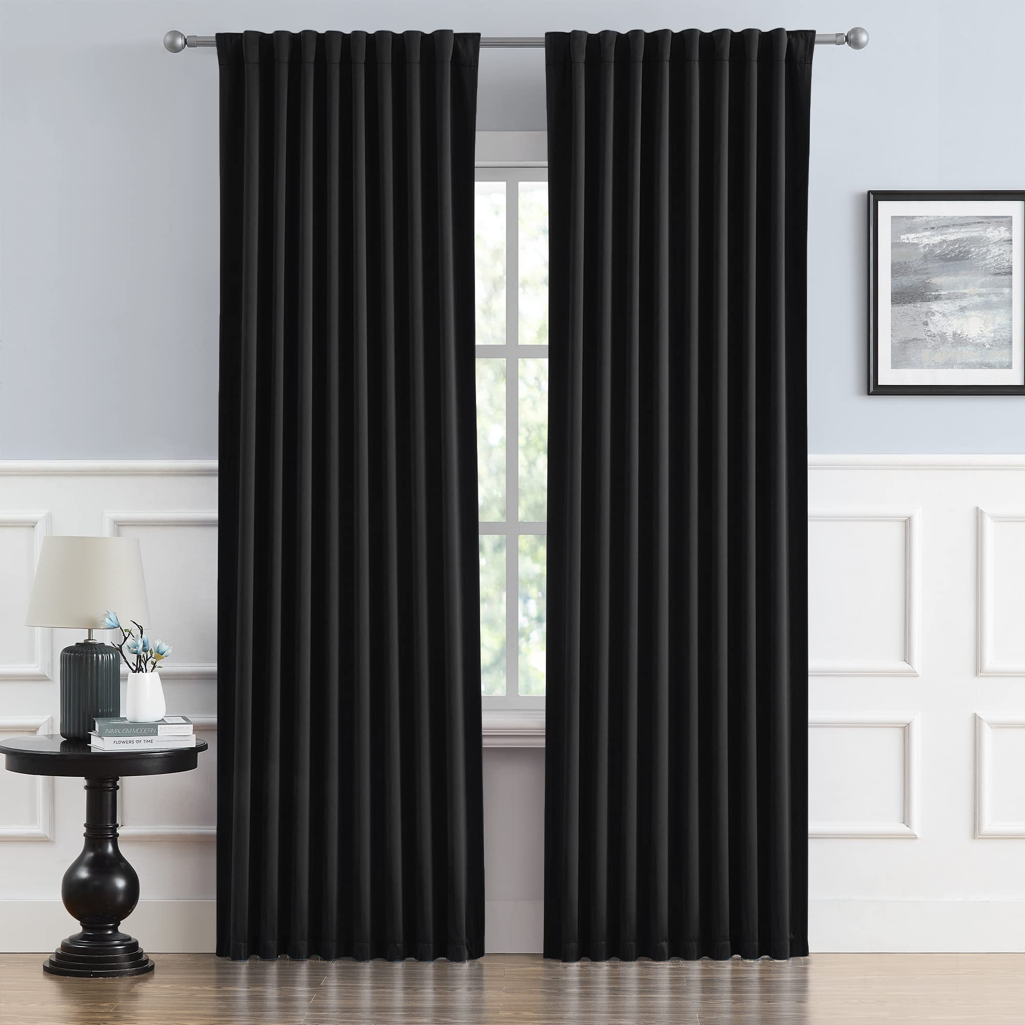 DUALIFE Black Blackout Curtains 92 Inch Long for Bedroom, Back Tab and Rod Pocket, Thermal Insulated Room Darkening Drapes for L