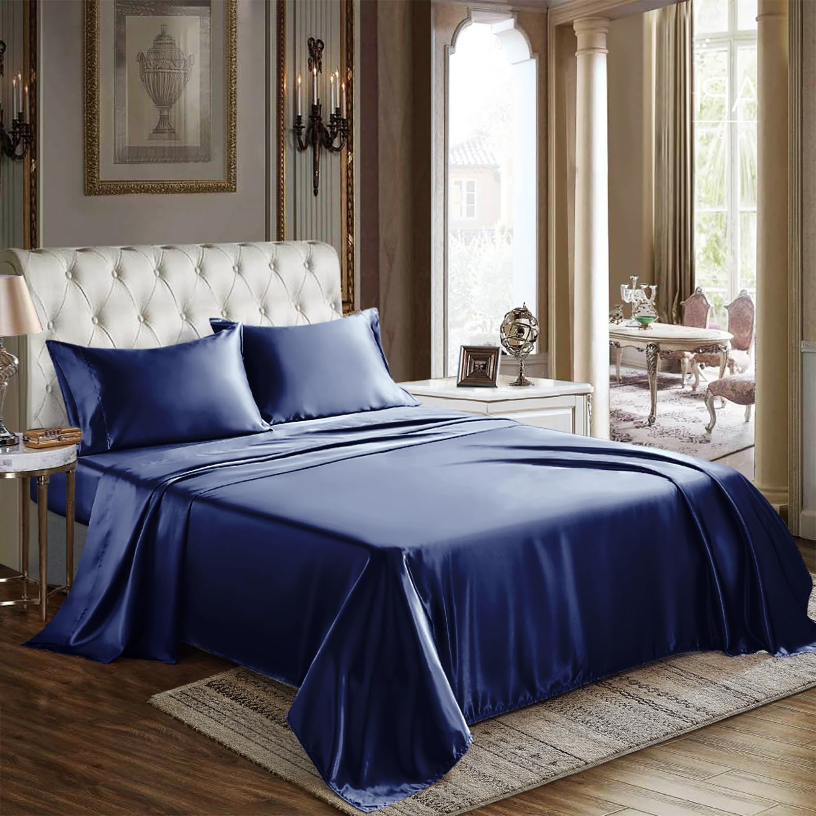 Cozylux Satin Sheets Full Size - 4 Piece Navy Blue Bed Sheet Set With Silky Microfiber, 1 Deep Pocket Fitted Sheet, 1 Flat Sheet