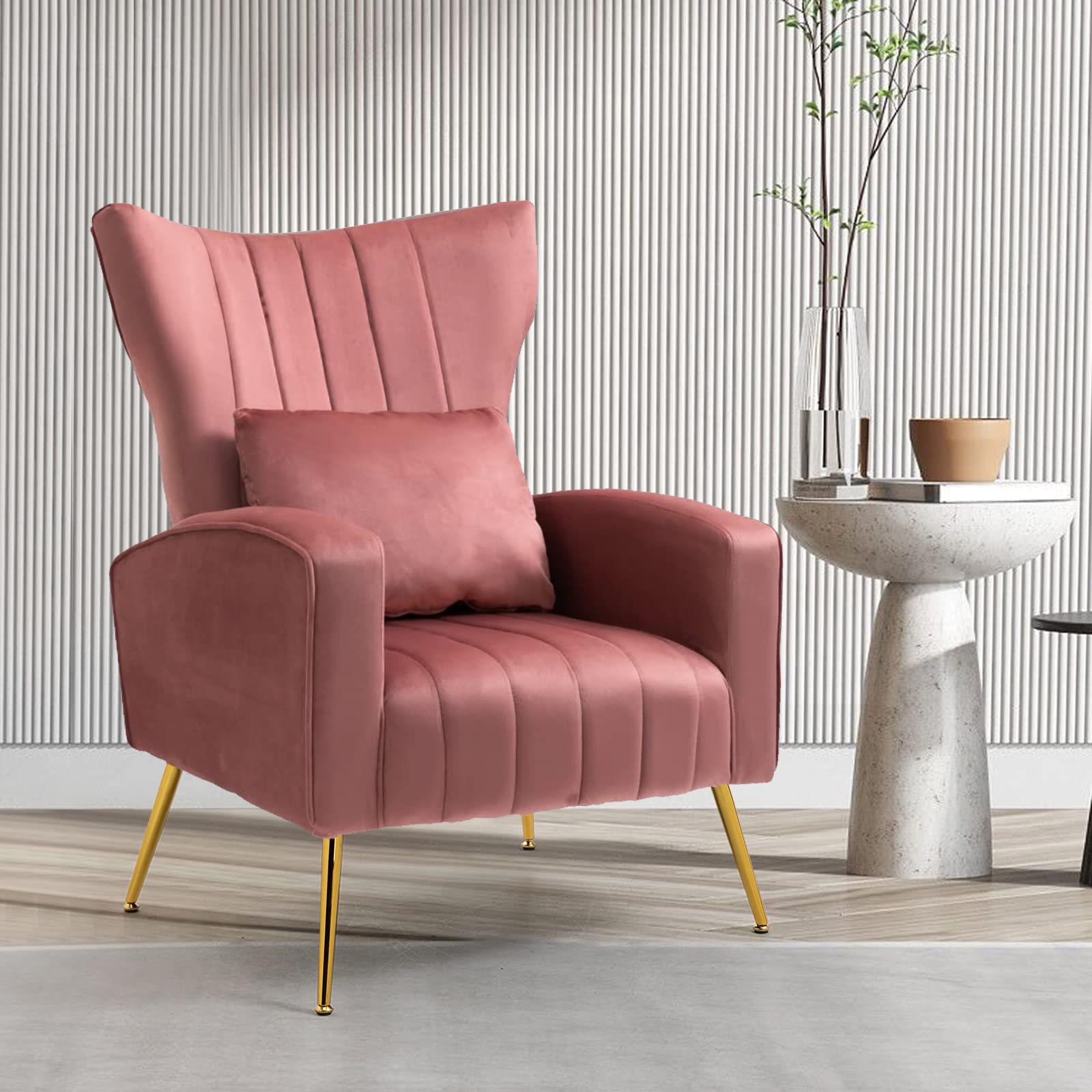 ZJhome Modern Living Room Chairs Velvet Accent Chair Armchair with Lumbar Pillow, High Back Bedroom Chairs Vanity Chair Barrel C