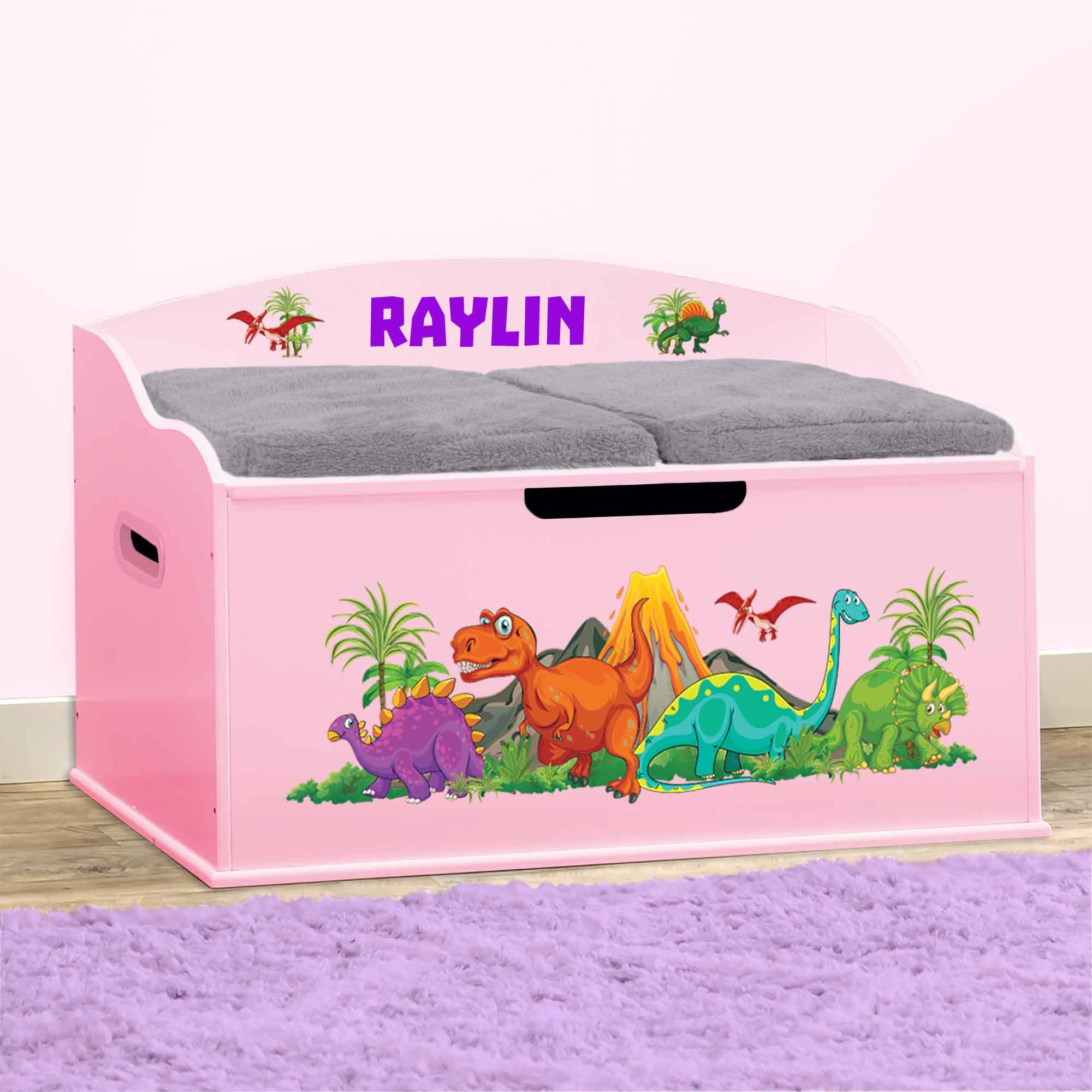 DIBSIES Personalized Creative Wonders Toy Box, Dinosaurs, 30 x 19.25 x 18 inches, Soft-Close Lid (Pink)
