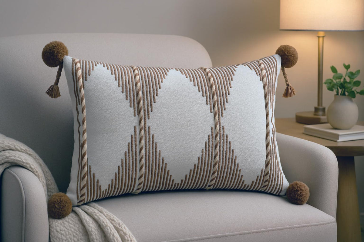 Amitra Weave India 100% Cotton Cushion Cover With PomPoms And Lace Brown 12 X 18 Inches / 30 X 46 Cm 1 Piece