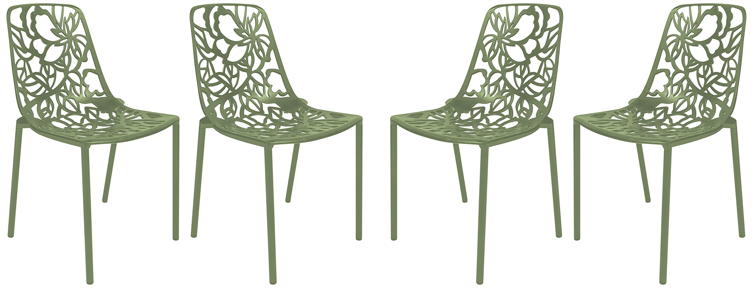 LeisureMod Aluminum Stackable Dining Chair Set of 4 with Floral Cutout Design, Khaki Green Patio Side Chair for Indoor and Outdo