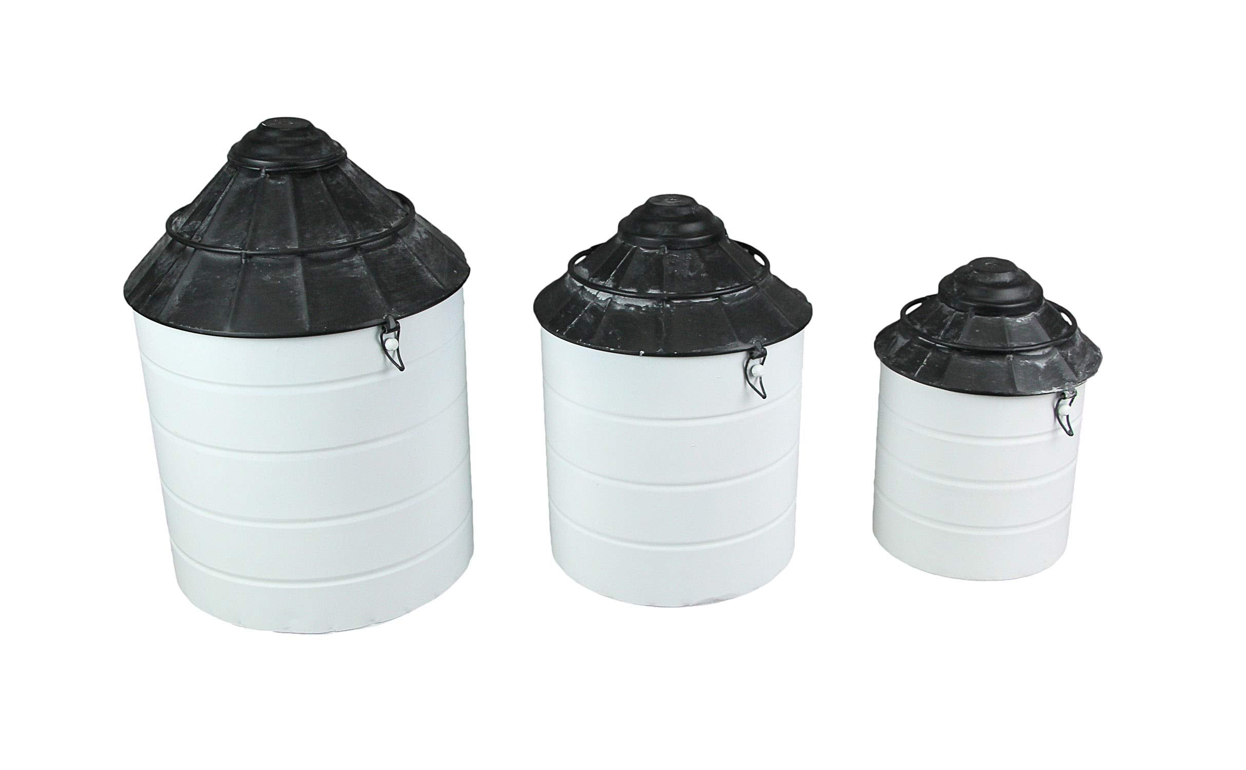 Things2Die4 Set of 3 Black and White Vintage Farmhouse Tin Silo Canisters, One Size