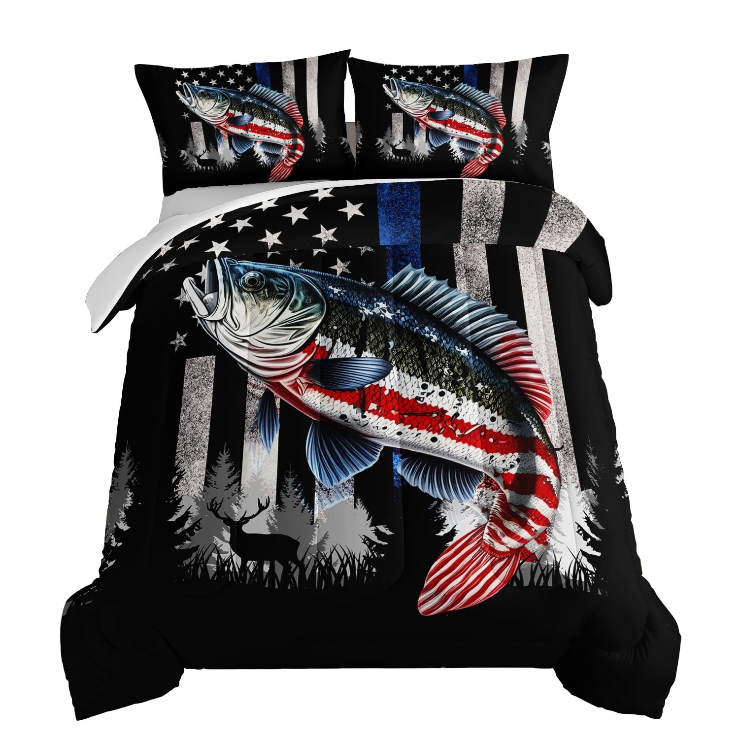 Hosima Snowy Forest Deer Comforter Set With 2 Pillowcases,Camo American Flag Comforter Full Size Hunting Bedding Set For Teen Me