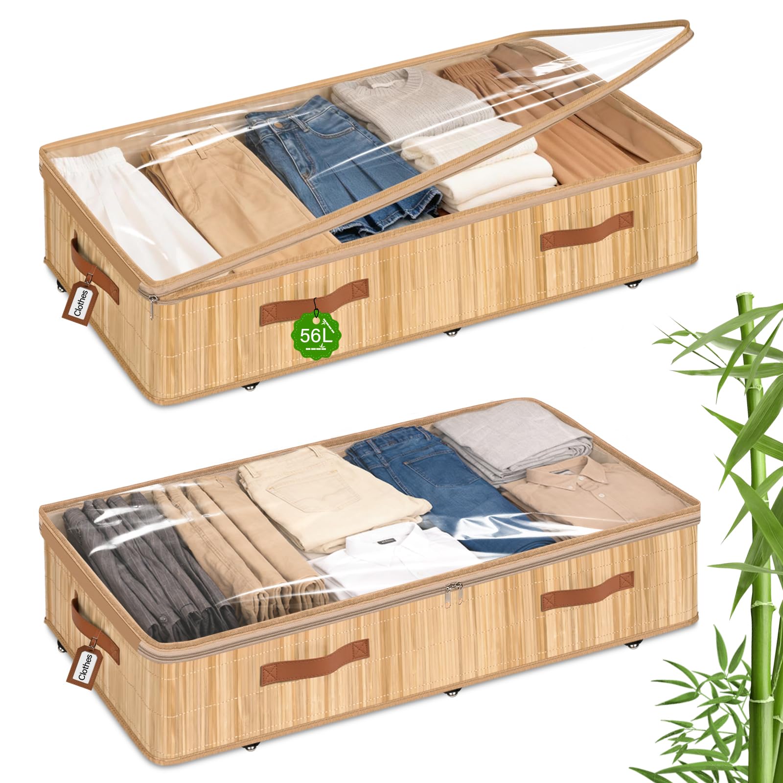 Livole 2 Pack Bamboo Under Bed Storage with Wheels, 6 inches Underbed Storage Containers, 56L XXL Rolling Under Bed Storage Bins