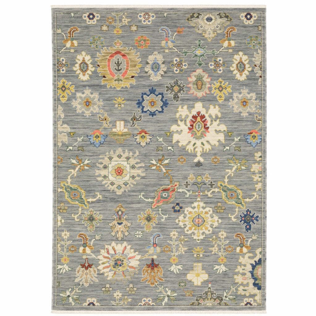 HomeRoots 509323 10 x 13 ft. Gray Ivory Gold Salmon Red Blue & Green Oriental Power Loom Stain Resistant Rectangle Area Rug with Fringe