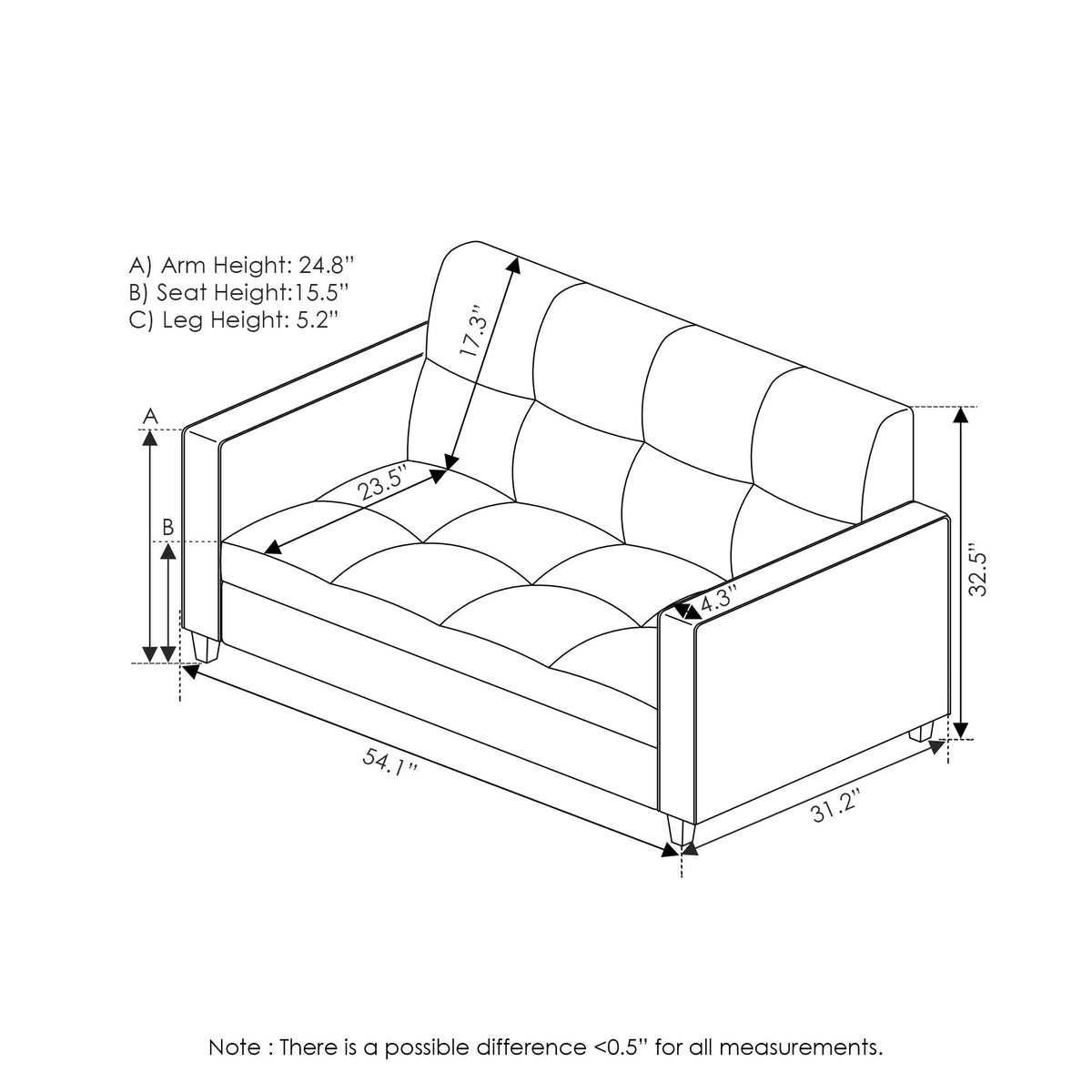 Furinno Brive Contemporary Tufted Faux Leather Loveseat/Sofa Couch For Living Room, Black Faux Leather