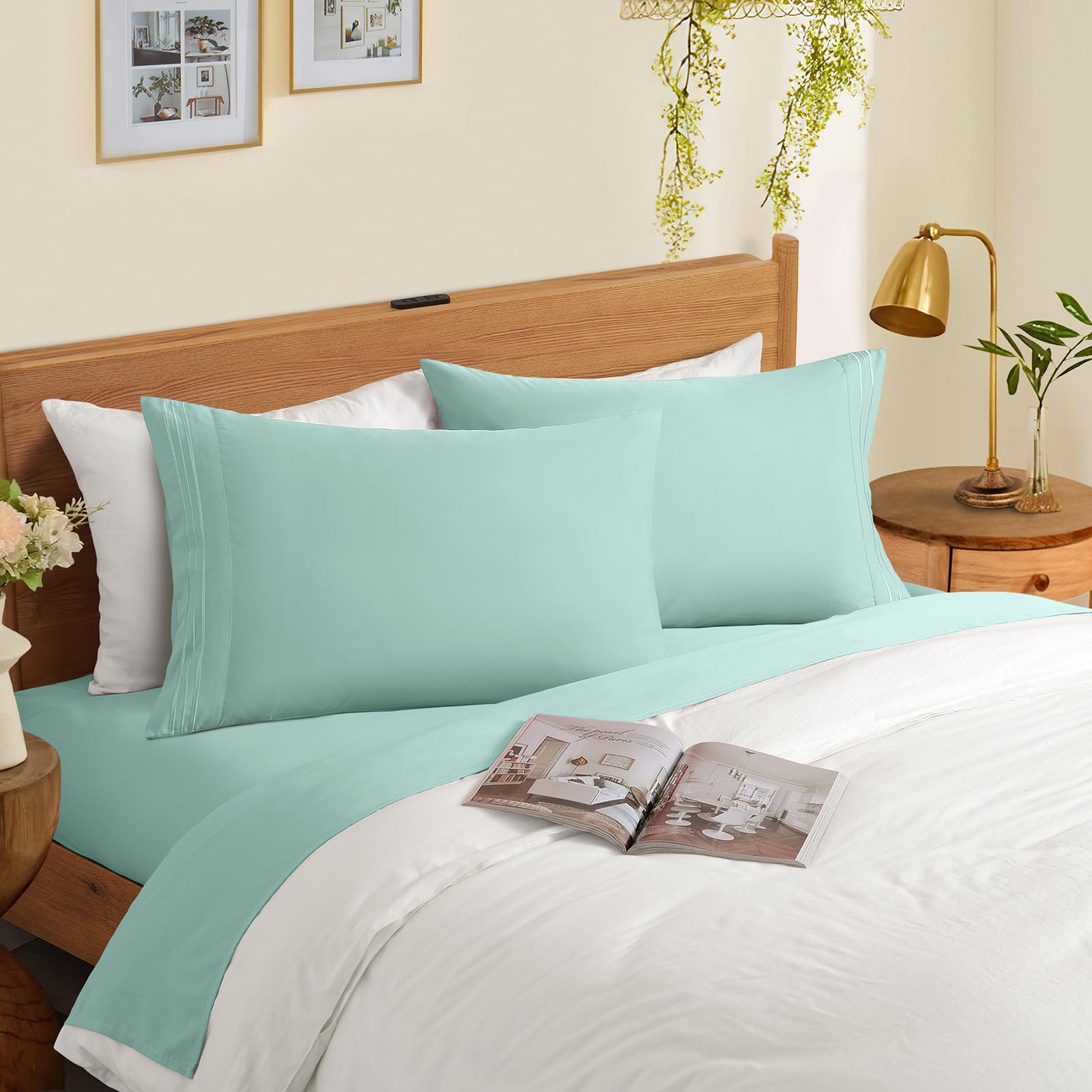 Horbaunal 2 Pack Microfiber Pillowcases King Size Mint Green Bed Pillow Cases With Envelope Closure, 1800 Thread Count Soft & Sh