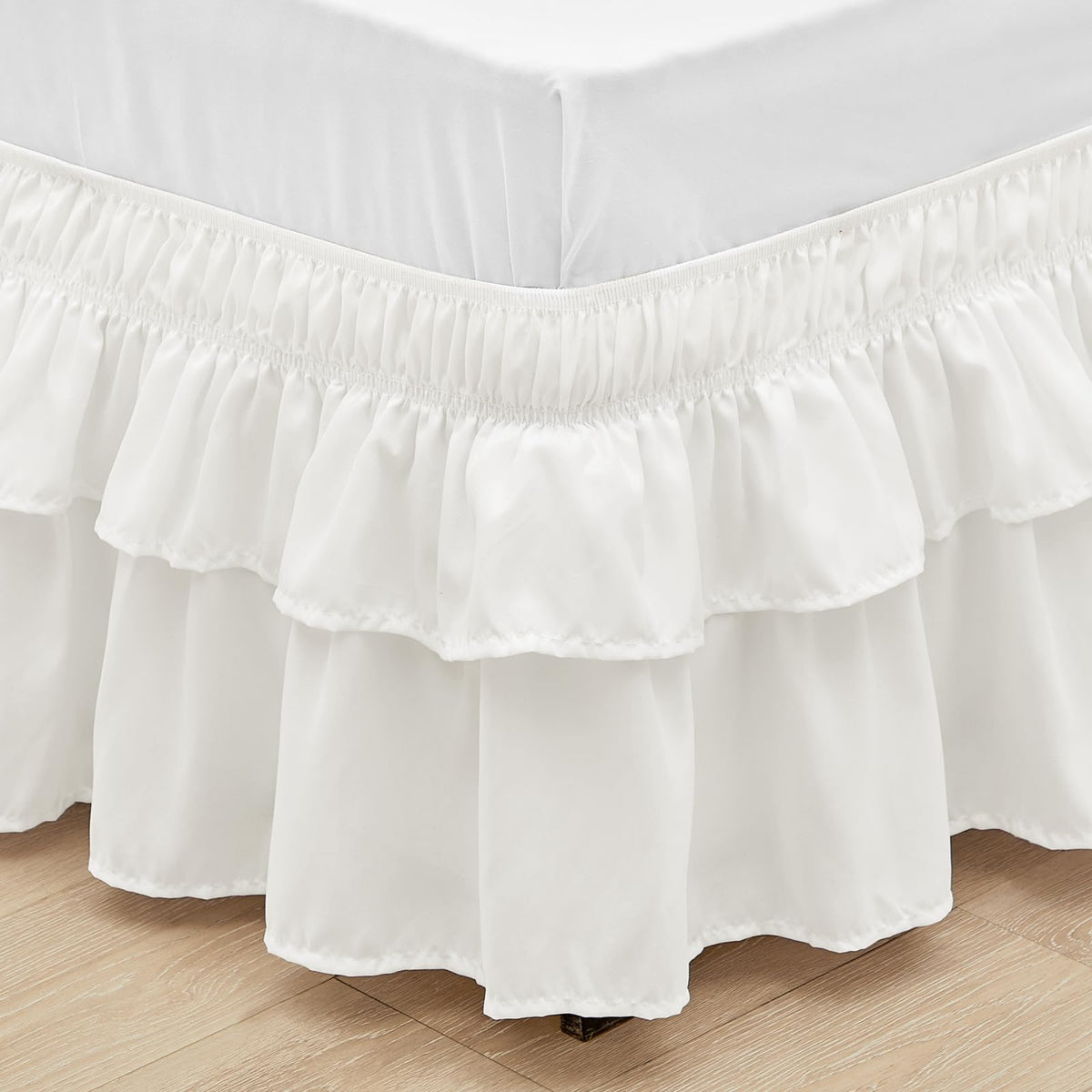 Rimela Ruffle Bed Skirt Ivory Queen 18 Inch Drop, Elastic Wrap Around Bed Skirting Queen Size, Easy To Install Dust Ruffle, Mach