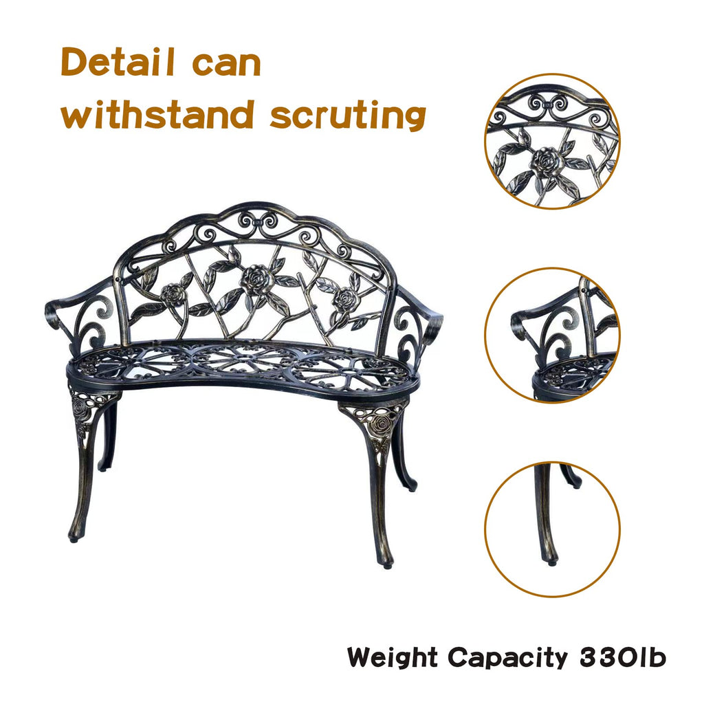 Jardin De Centennial Patio Garden Bench Metal Park Bench Cast Aluminum Outdoor Furniture With Floral Rose For Patio,Park,Lawn,Yard (Copper)