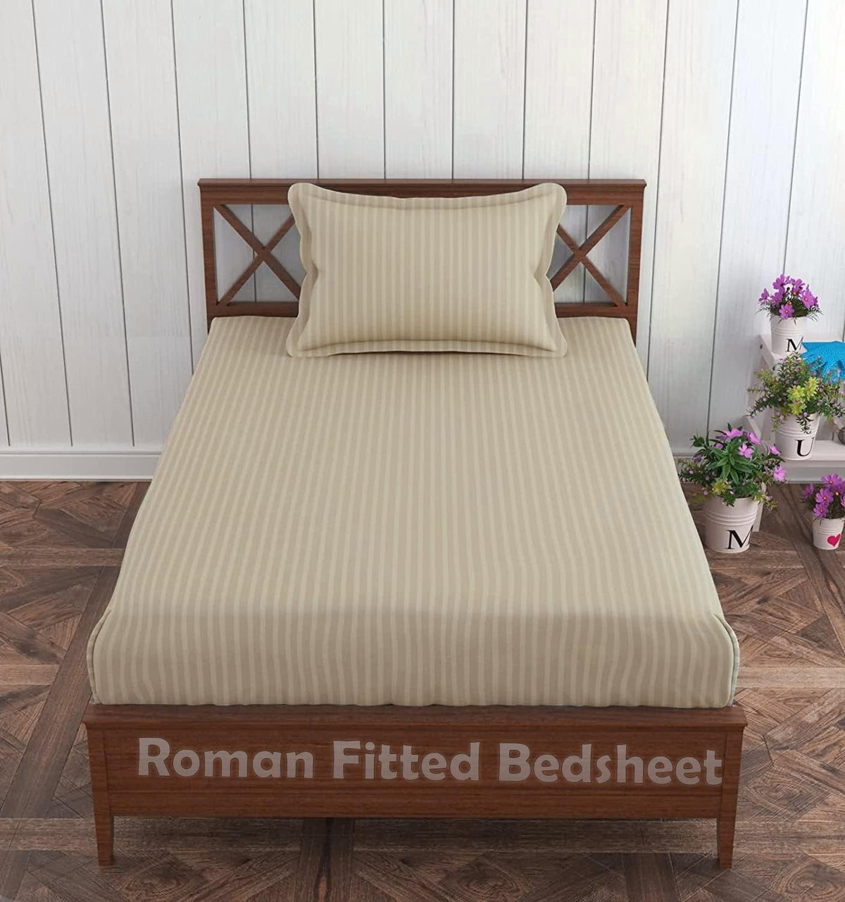 Roman. Cotton 300TC Satin Stripe Single Fitted Bed Sheet with 1 Pillow Cover (36 x 78 + 8 inch fit Mattress, Cream)