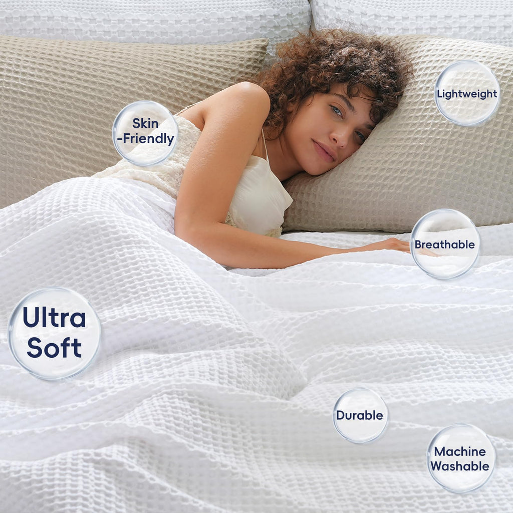 Phf Ultra Soft Waffle Weave Blanket Twin Size 66'X 90'- Washed Lightweight Breathable Cozy Woven Blanket For Bed - Aesthetic Decor For Couch Bedding Sofa Home Car - White