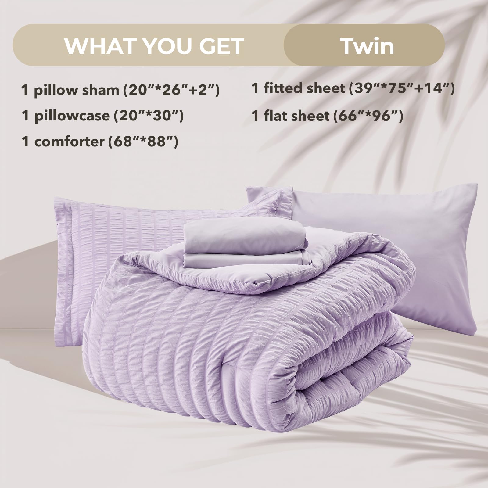 Hymokege Lavender Twin Comforter Set Seersucker 5 Pieces, All Season Luxury Bed In A Bag For Bedroom, Bedding Set With Comforter