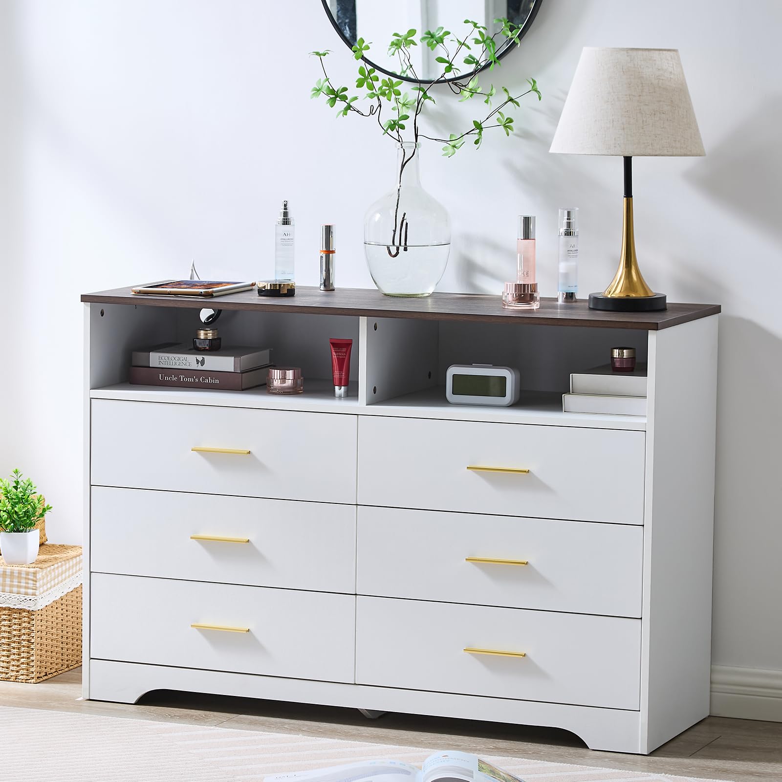 White Dresser for Bedroom Wooden, 6 Drawer Dressers & Chests of Drawers, Modern Wood Tall Dresser, 48 Inches Wide Chest of Drawe