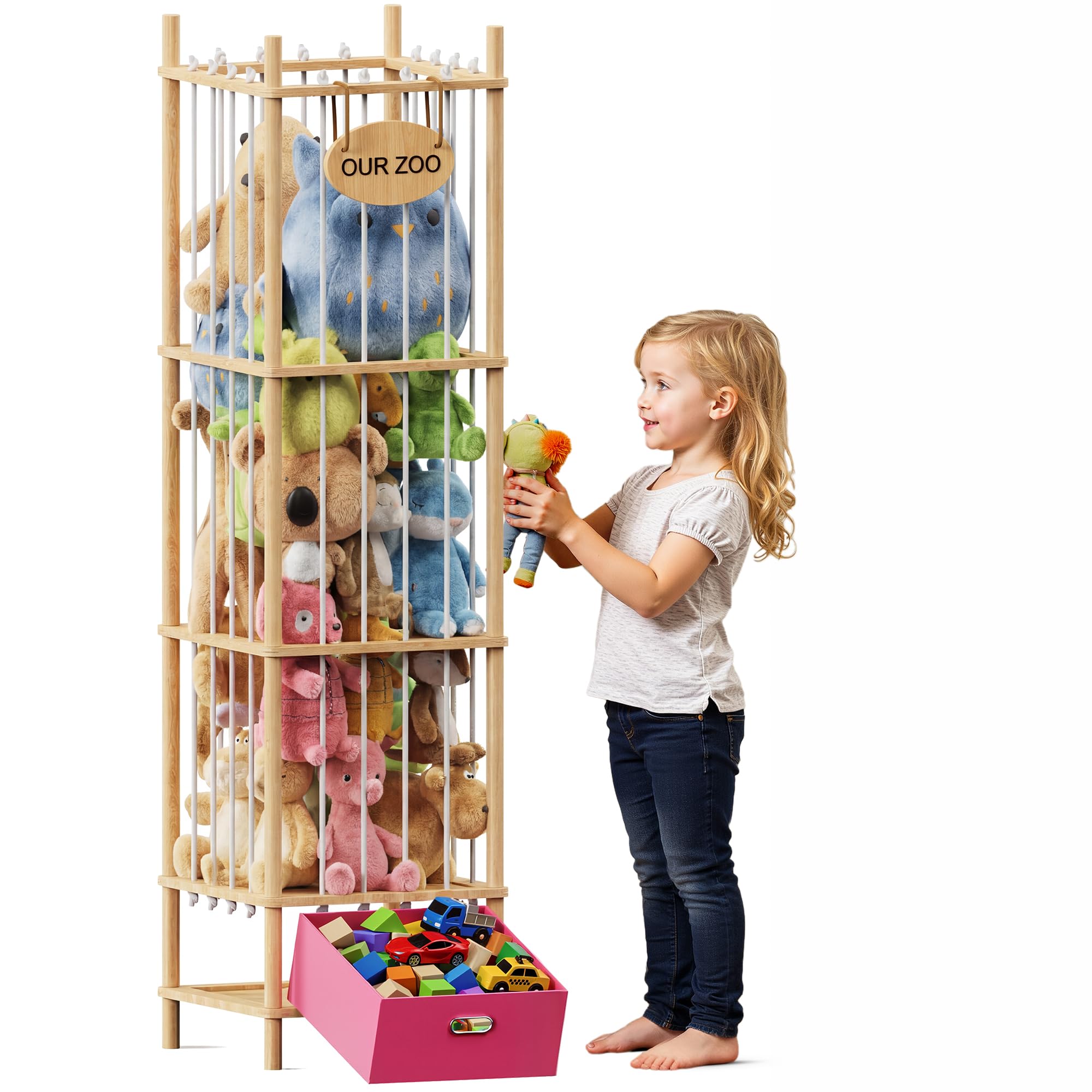 Brelley Stuffed Animal Storage Zoo Wood Toy Storage Organizer with Drawer, Large Toy Chest Stuffed animal holder for Kids Nurser
