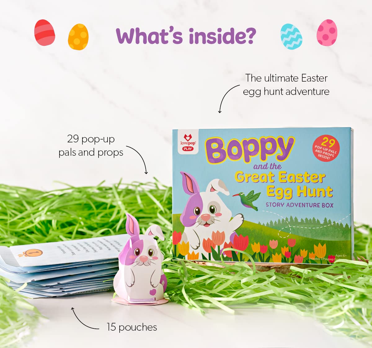 Lovepop Boppy And The Great Easter Egg Hunt Adventure Box - Easter Gift Basket Advent Calendar For Kids - 29 Mini Pop-Up Charact