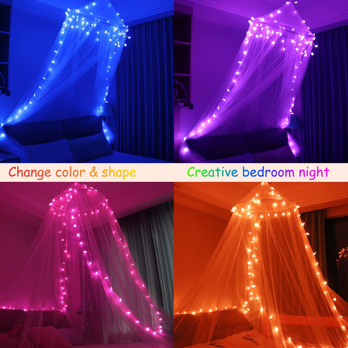 Obrecis Pink Bed Canopy For Girls, Bedroom Decor Princess Canopy Bed Curtain With Lights, 100 Led Star Fairy String Lights Hangi