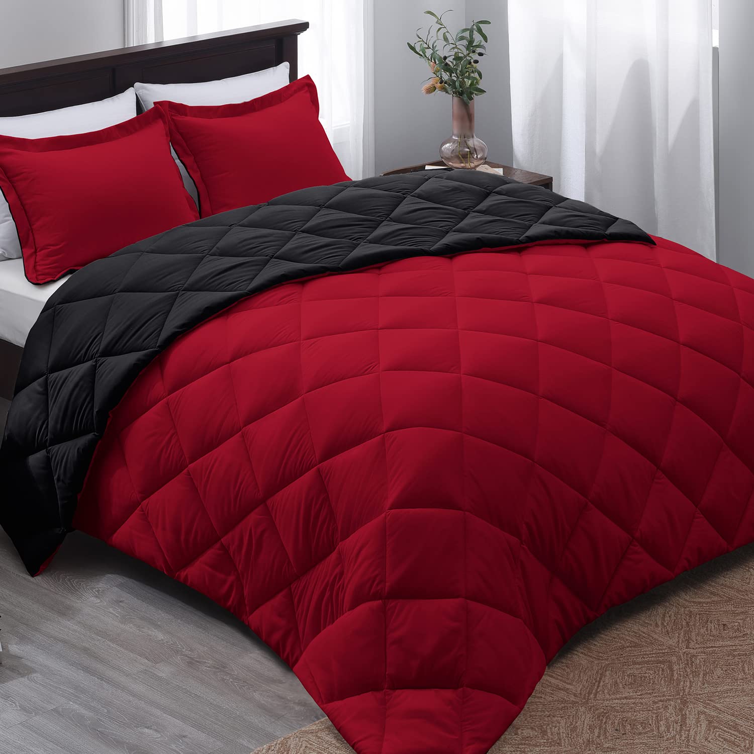 Basic Beyond King Size Comforter Set - Red And Black Comforter Set King, Reversible King Bed Comforter Set For All Seasons, 1 Co