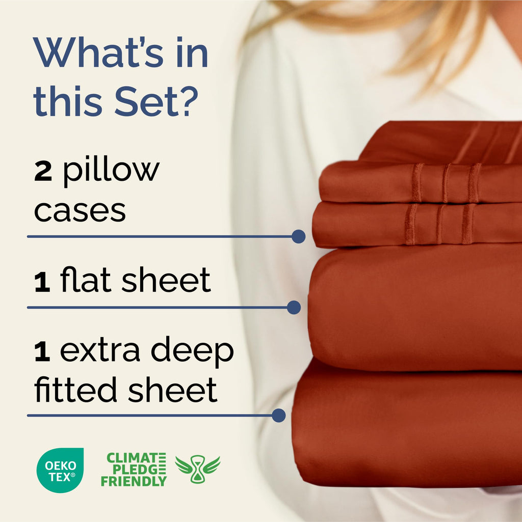 Extra Deep Pocket Cal King Sheets - 4 Piece Breathable & Cooling Bed Sheets - Hotel Luxury Sheet Set - Soft, Wrinkle Free & Comfy - Easily Fits Extra Deep Mattresses - Deep Pocket Terracotta Sheets